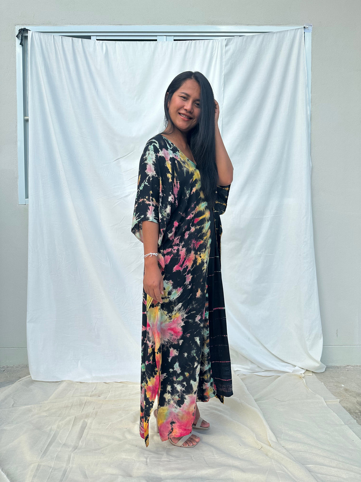MALA handworks Nora Kaftan in Black and Rainbow Tie Dye