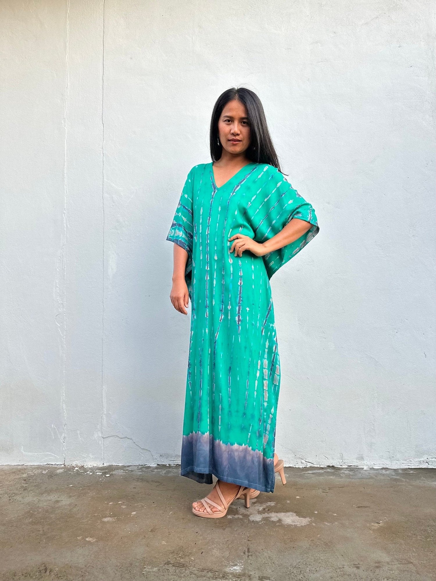 Nora Kaftan in Emerald Green and Black Tie Dye - Mala Handworks