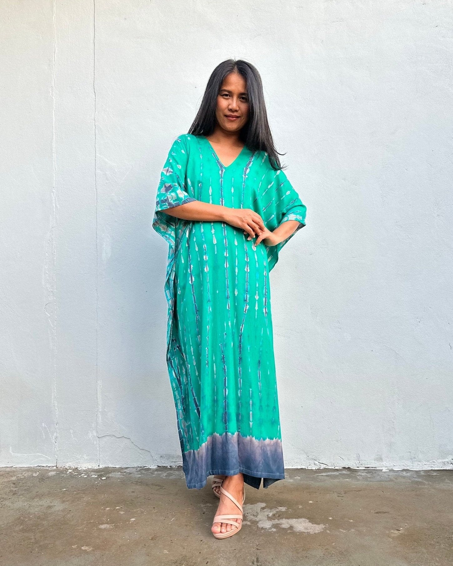 Nora Kaftan in Emerald Green and Black Tie Dye - Mala Handworks