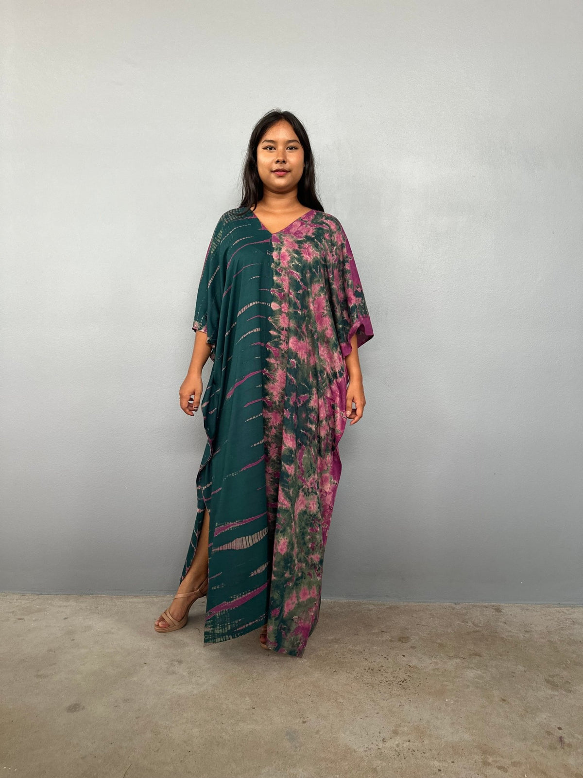 Nora Kaftan in Forest & Pink Tie Dye - Gemini Pattern-N-61-Mala Handworks