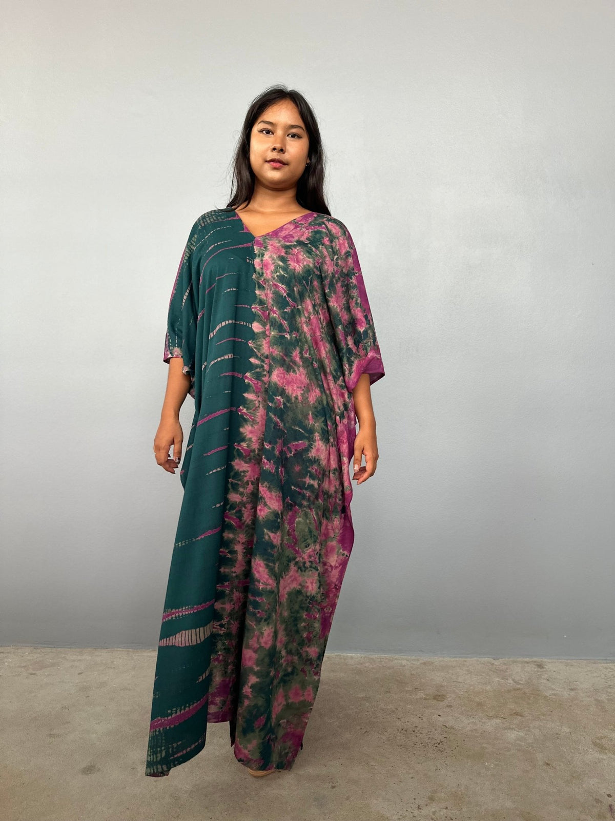 Nora Kaftan in Forest & Pink Tie Dye - Gemini Pattern-N-61-Mala Handworks