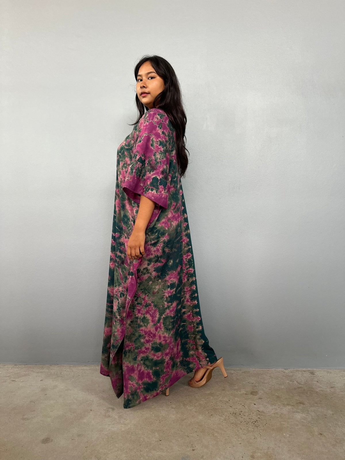 Nora Kaftan in Forest & Pink Tie Dye - Gemini Pattern-N-61-Mala Handworks