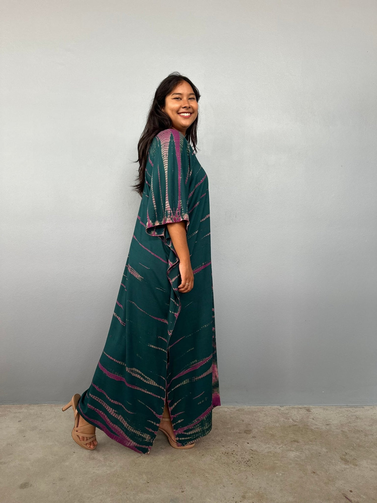 Nora Kaftan in Forest & Pink Tie Dye - Gemini Pattern-N-61-Mala Handworks