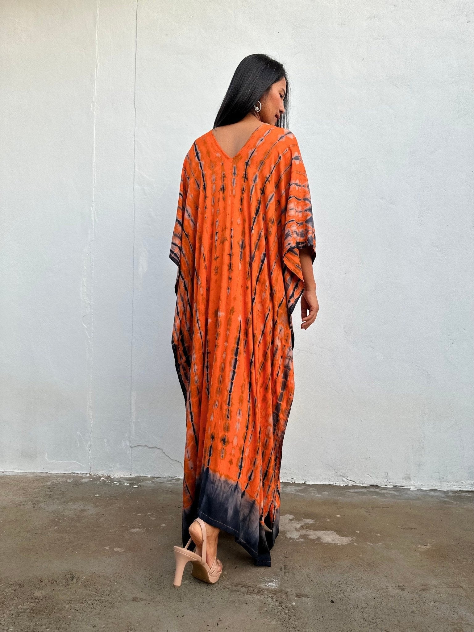 Nora Kaftan in Orange and Black Tie Dye - Mala Handworks