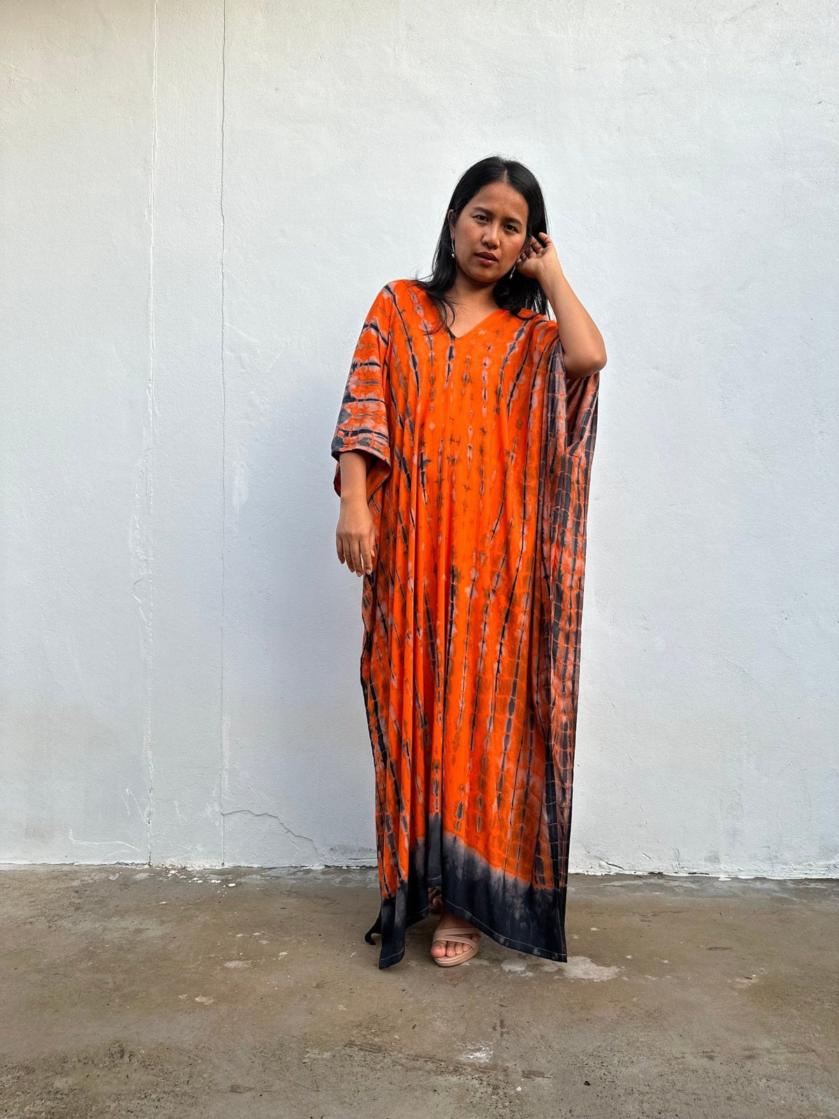 Nora Kaftan in Orange and Black Tie Dye - Mala Handworks