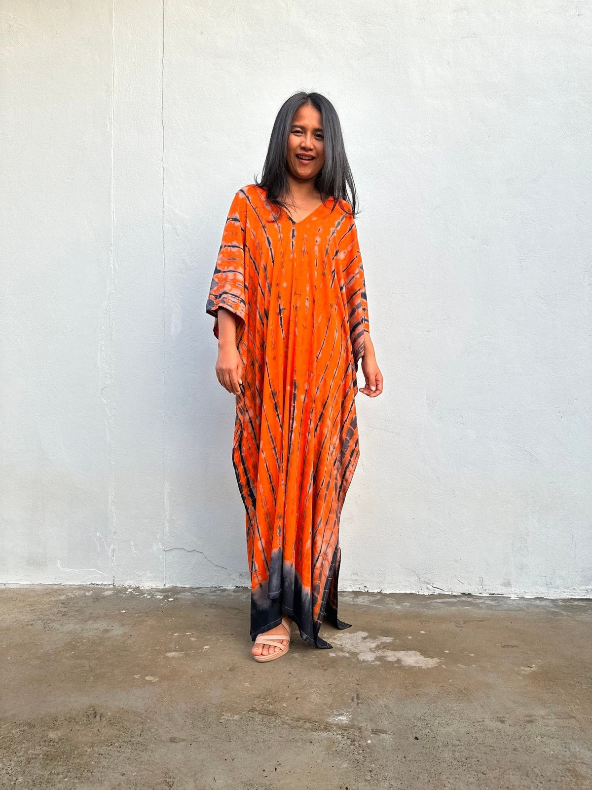 Nora Kaftan in Orange and Black Tie Dye - Mala Handworks