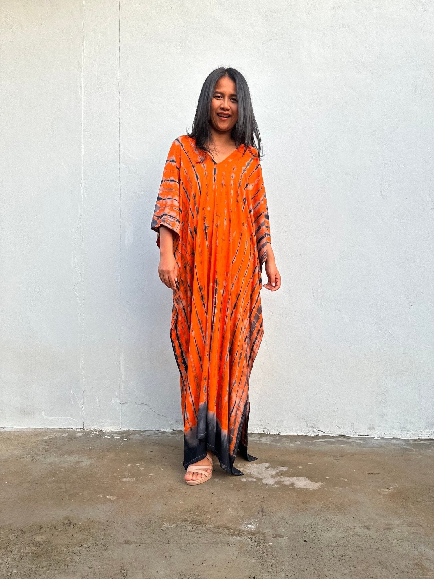 Nora Kaftan in Orange and Black Tie Dye - Mala Handworks