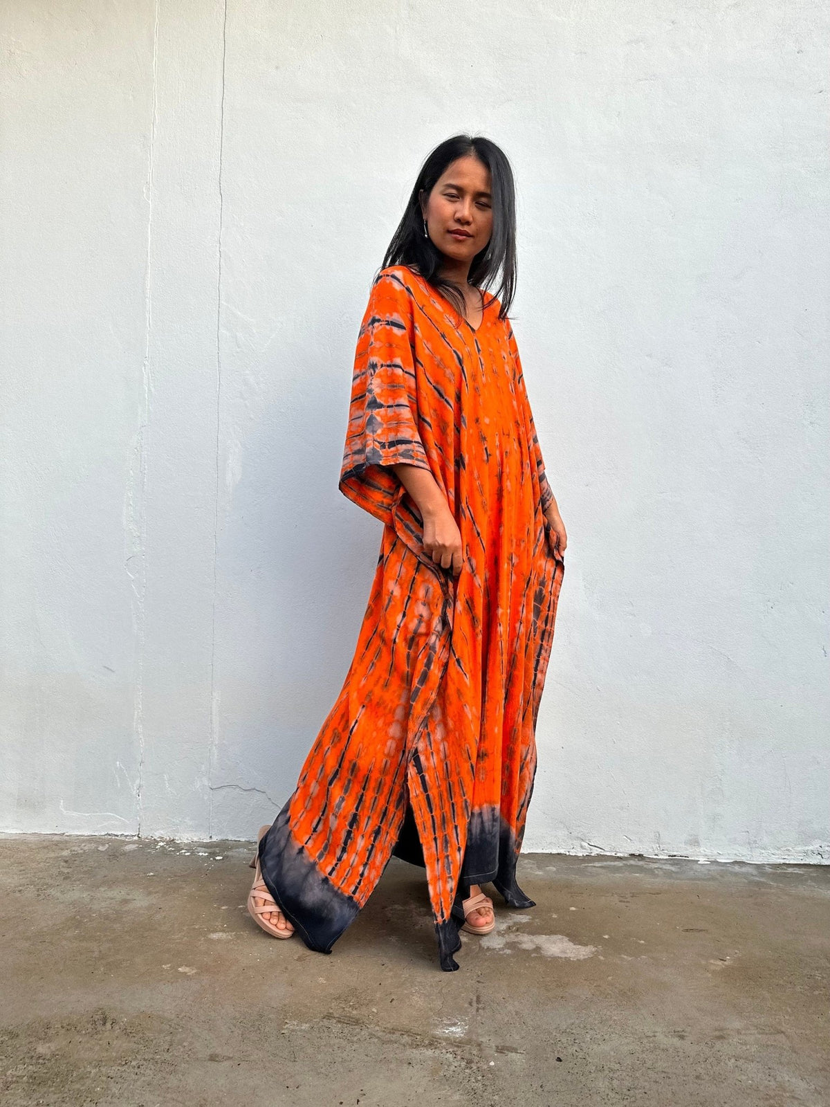 Nora Kaftan in Orange and Black Tie Dye - Mala Handworks