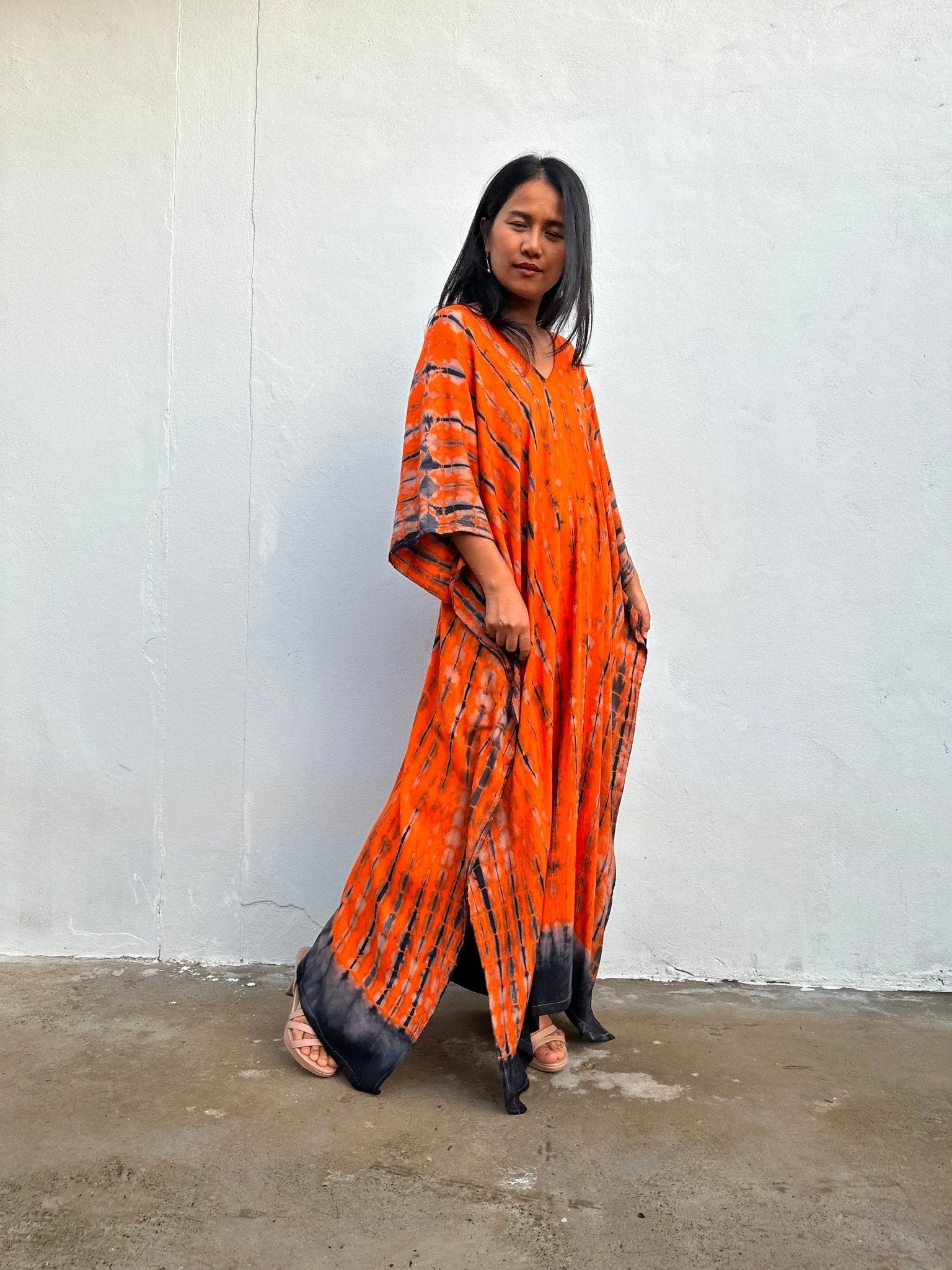 Nora Kaftan in Orange and Black Tie Dye - Mala Handworks