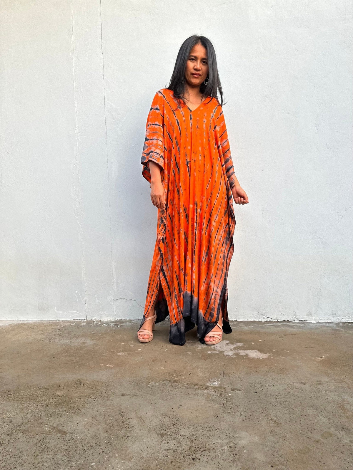Nora Kaftan in Orange and Black Tie Dye - Mala Handworks