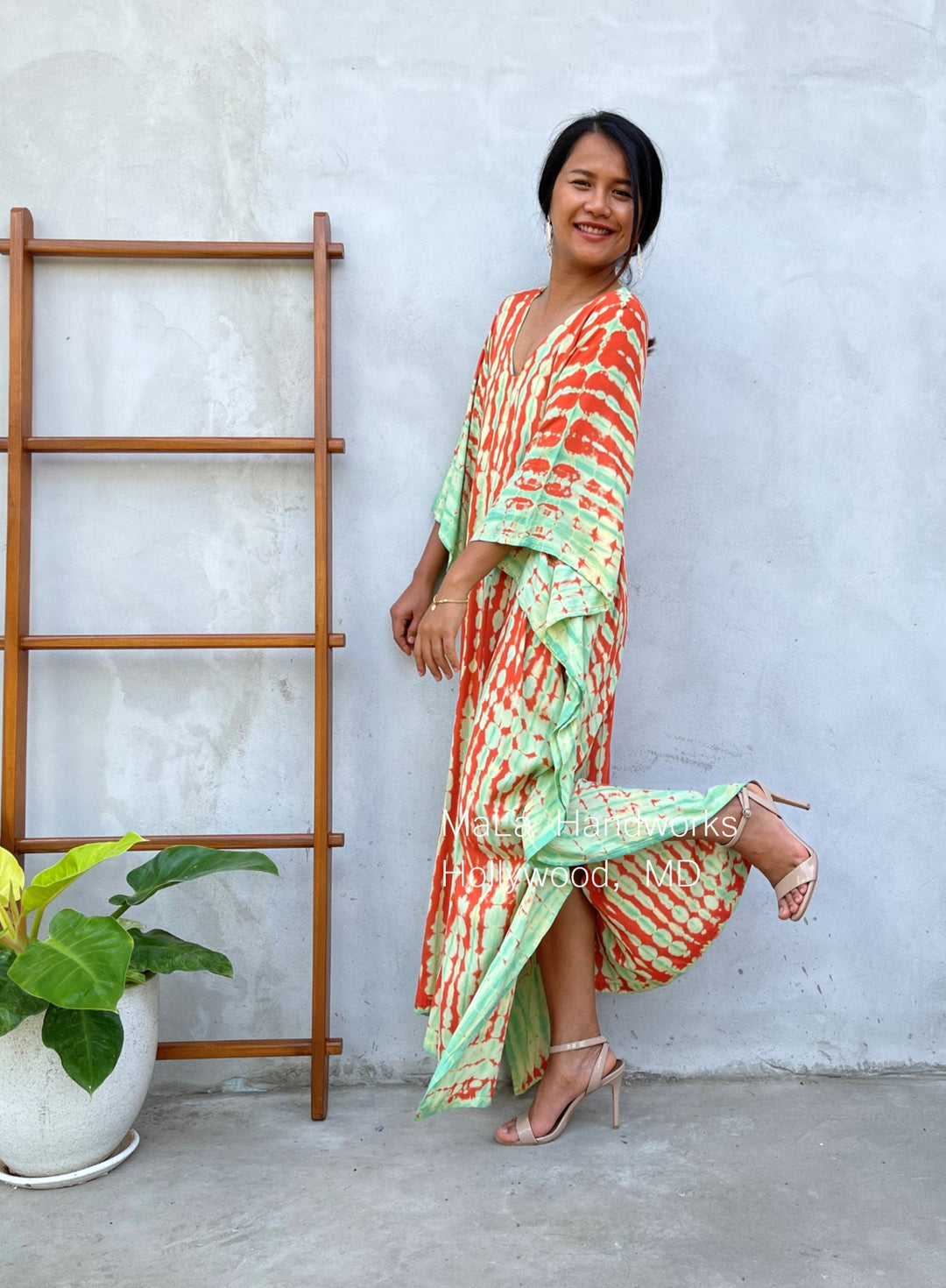 MALA handworks Nora Kaftan in Orange and Green Tie Dye