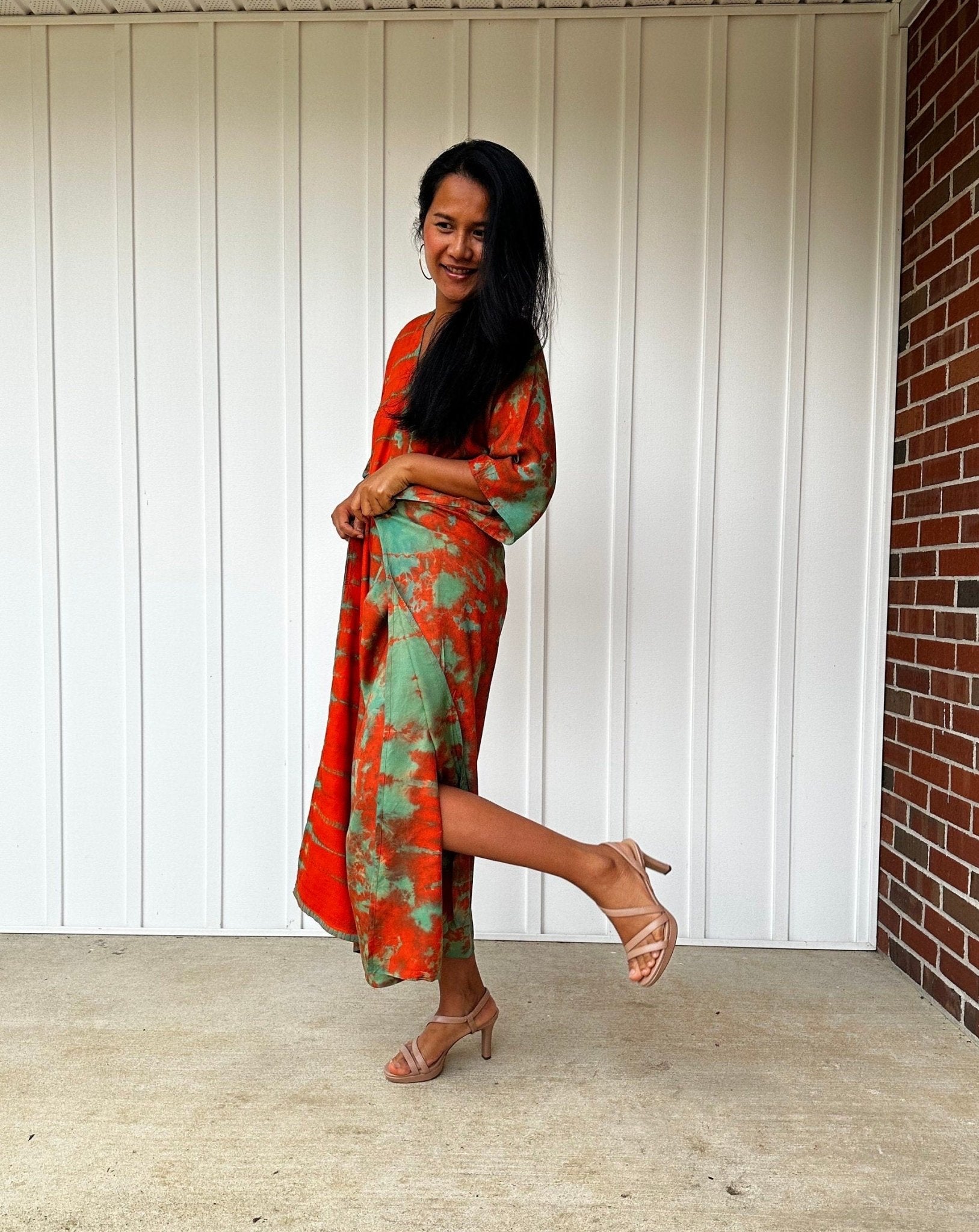 Nora Kaftan in Orange and Green Tie Dye - Mala Handworks