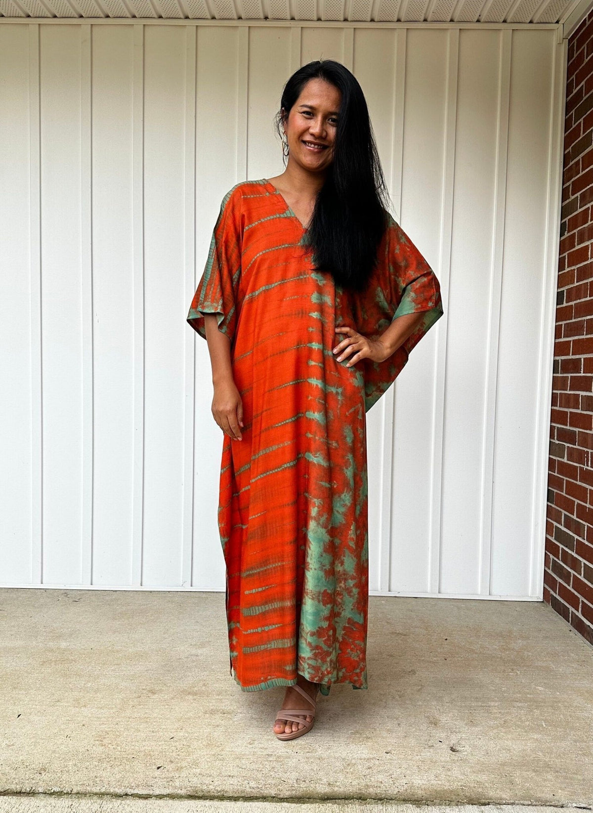 Nora Kaftan in Orange and Green Tie Dye - Mala Handworks