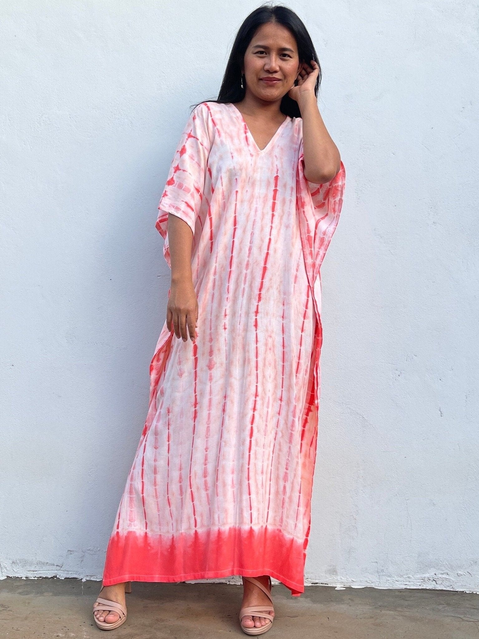 Nora Kaftan in White and Chili Red Tie Dye - Mala Handworks