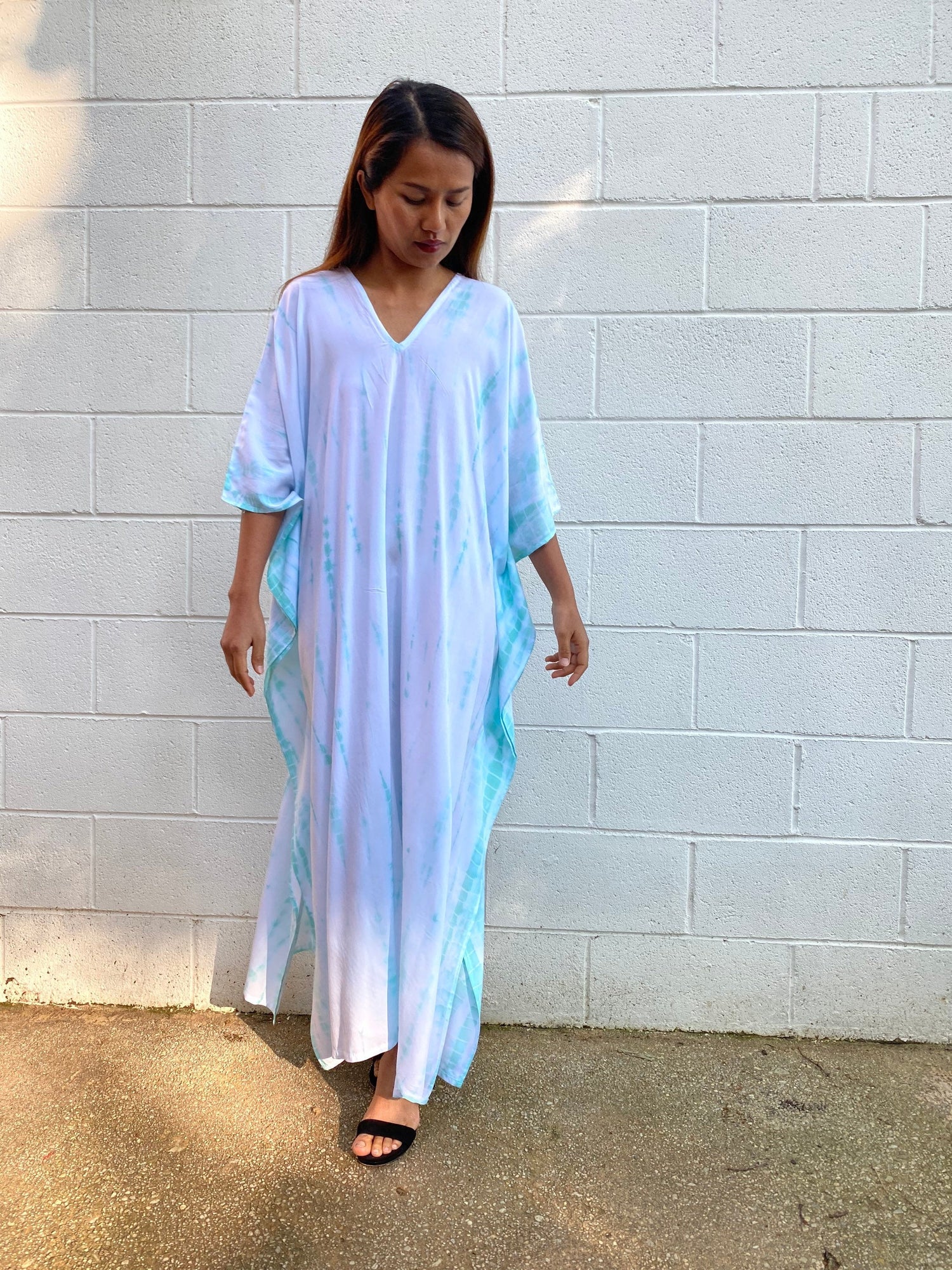 MALA handworks Nora Kaftan in White and Light Green Tie Dye