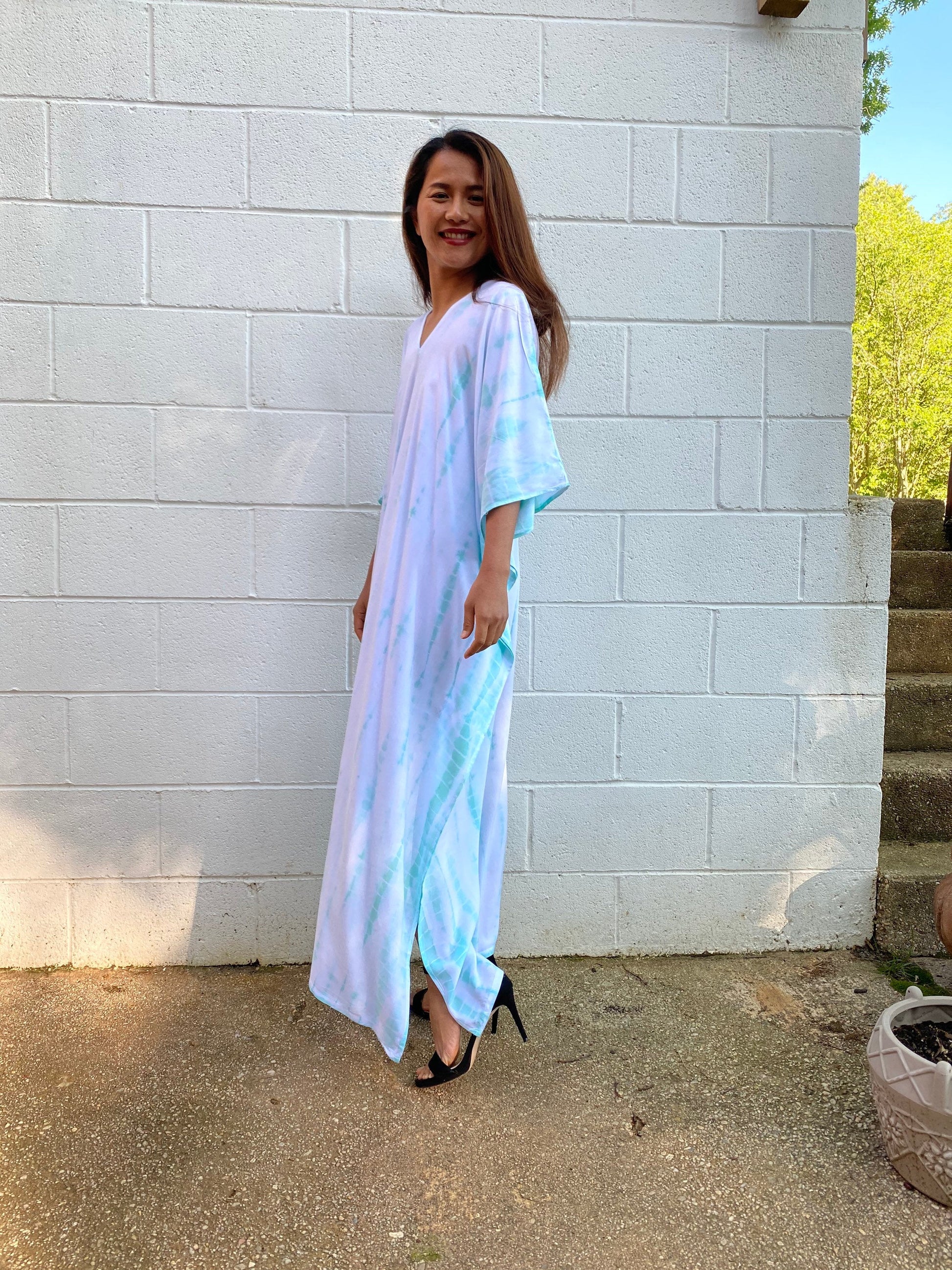 MALA handworks Nora Kaftan in White and Light Green Tie Dye