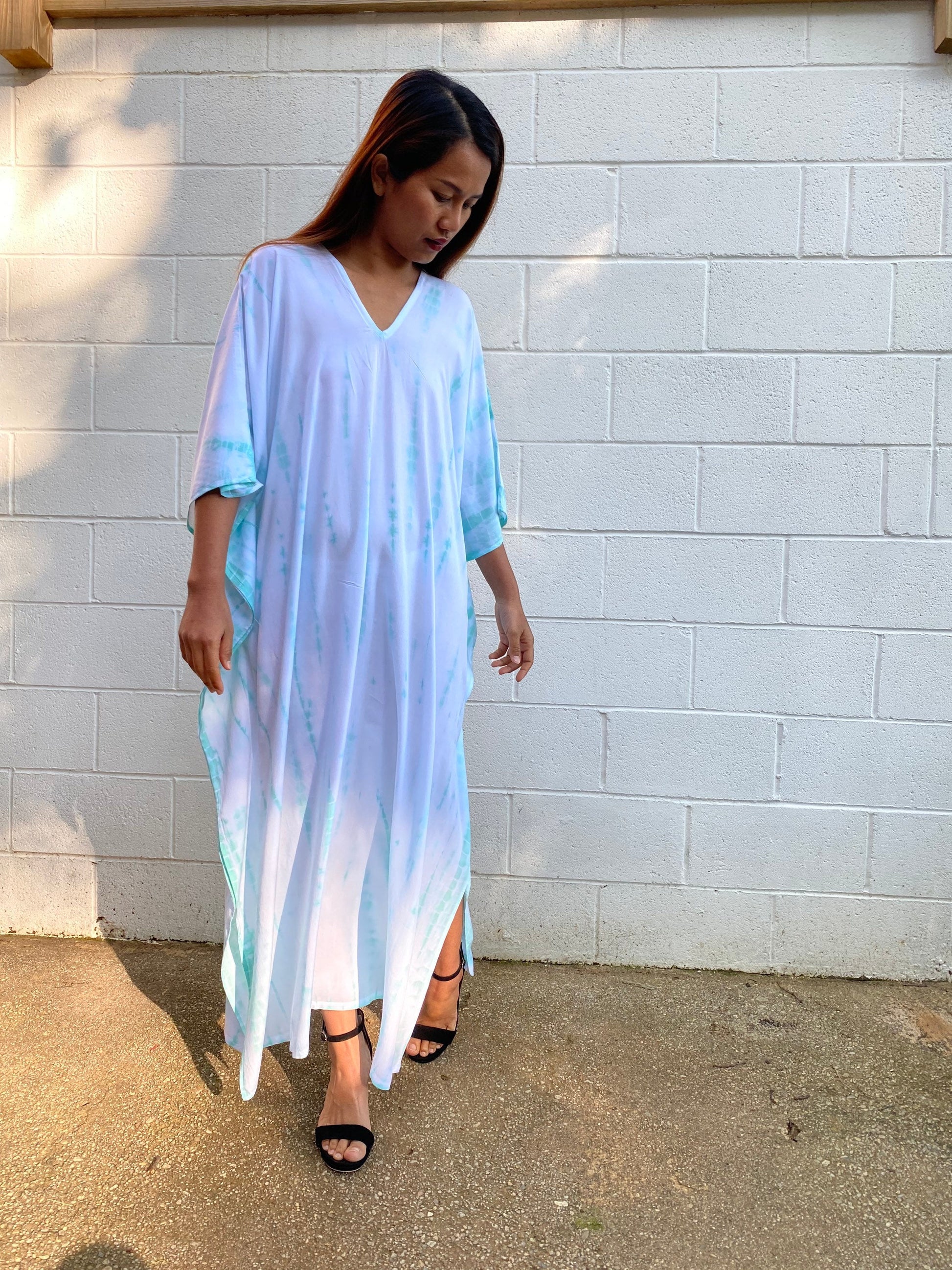 MALA handworks Nora Kaftan in White and Light Green Tie Dye