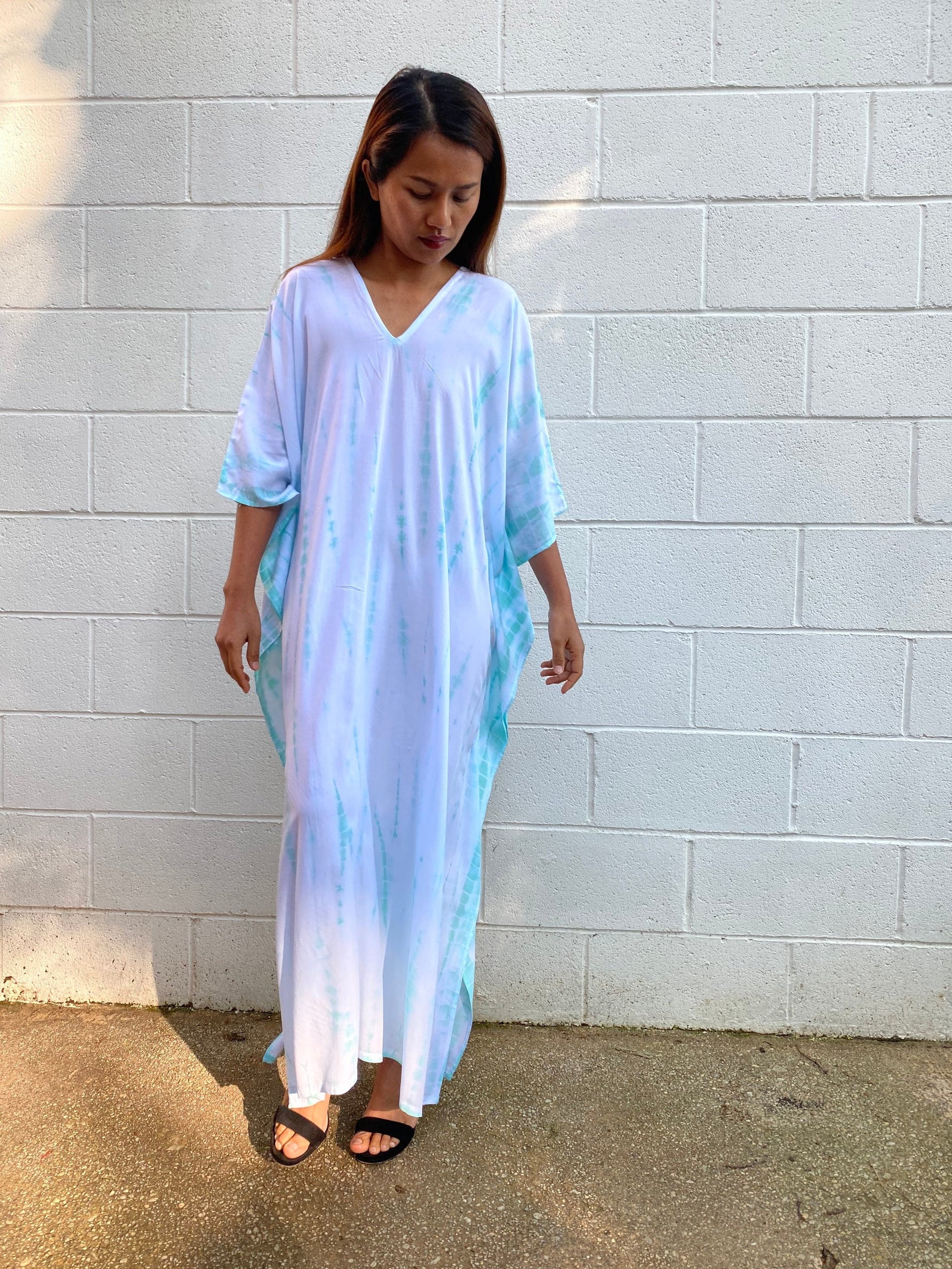 MALA handworks Nora Kaftan in White and Light Green Tie Dye