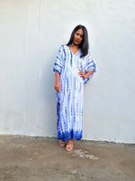 Nora Kaftan in White with Blue Tie Dye - Mala Handworks