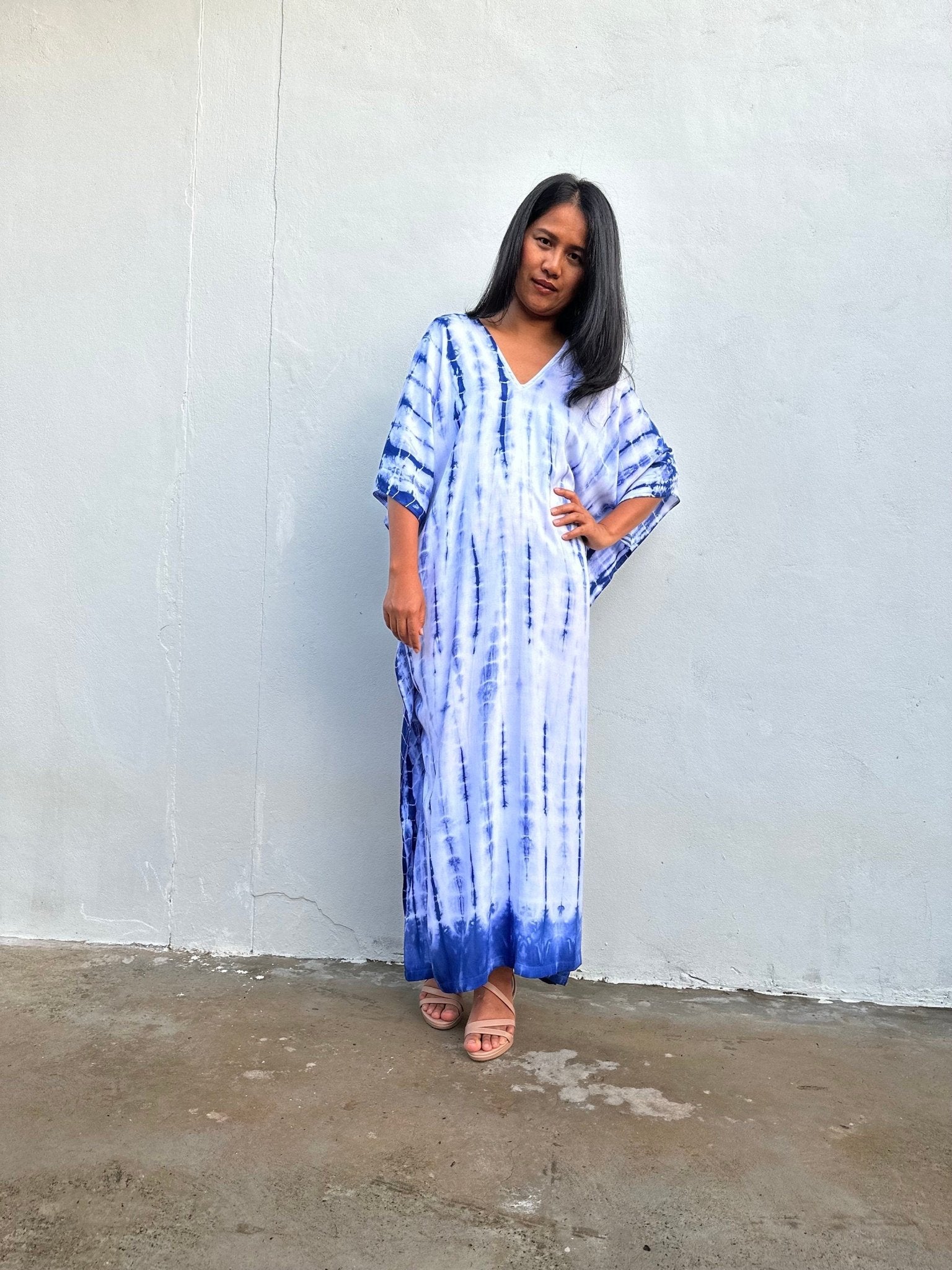 Nora Kaftan in White with Blue Tie Dye - Mala Handworks