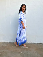 Nora Kaftan in White with Blue Tie Dye - Mala Handworks