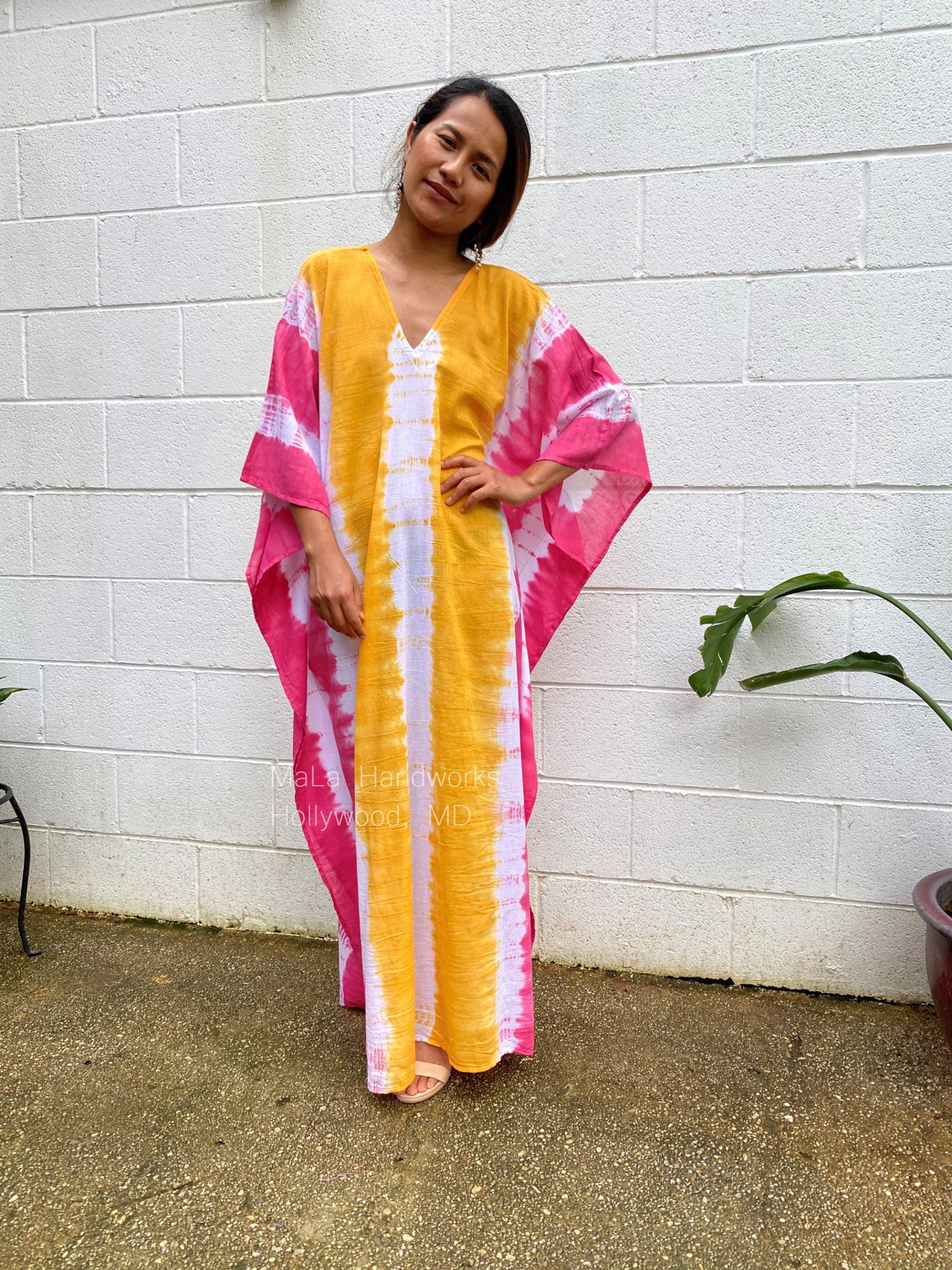 MALA handworks  Oba Kaftan in White and Orange Yellow Tie Dye