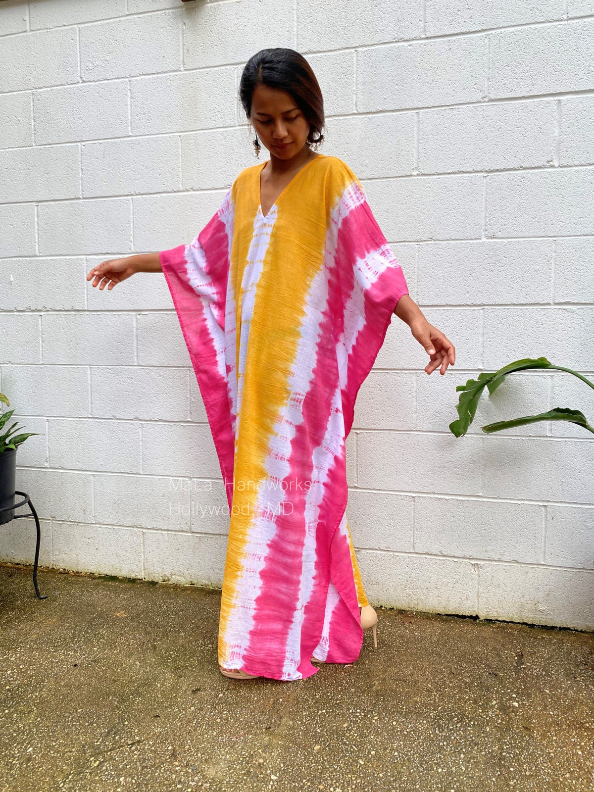MALA handworks  Oba Kaftan in White and Orange Yellow Tie Dye