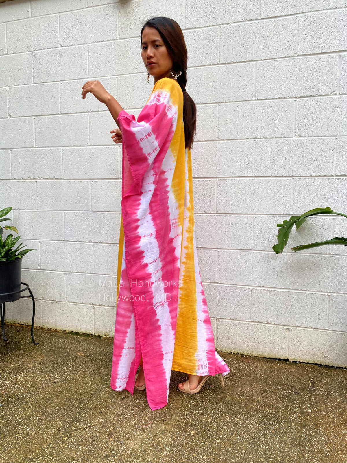 MALA handworks  Oba Kaftan in White and Orange Yellow Tie Dye
