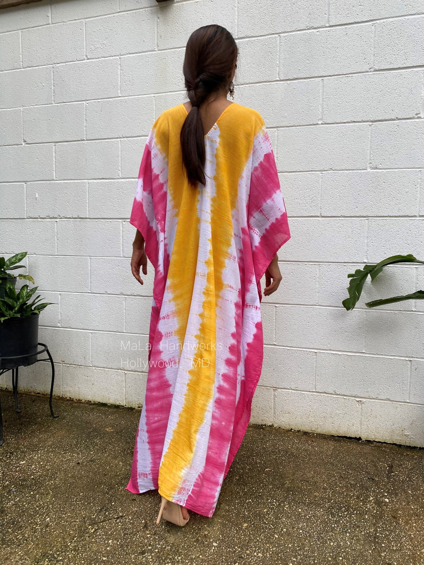 MALA handworks  Oba Kaftan in White and Orange Yellow Tie Dye