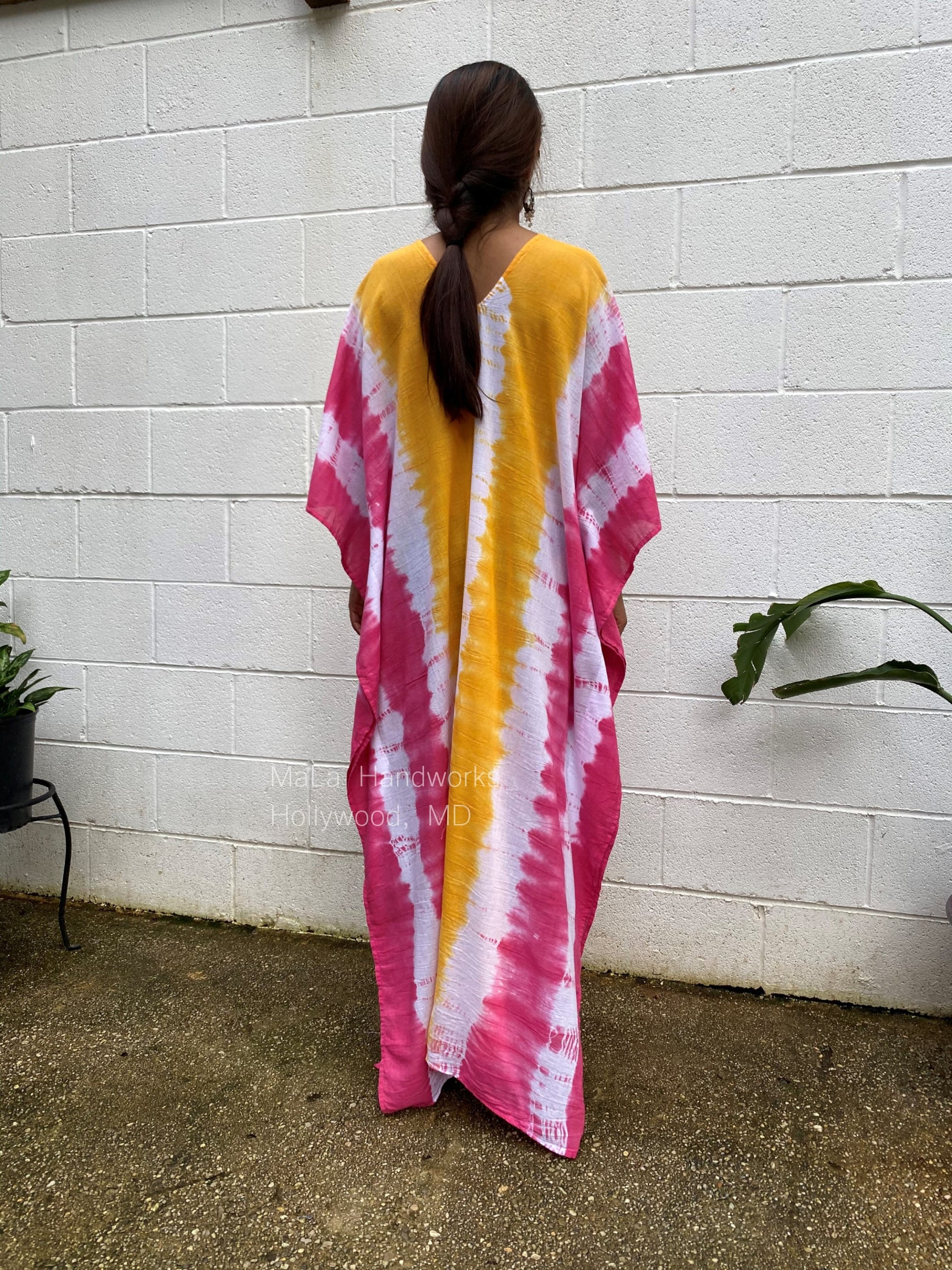 MALA handworks  Oba Kaftan in White and Orange Yellow Tie Dye