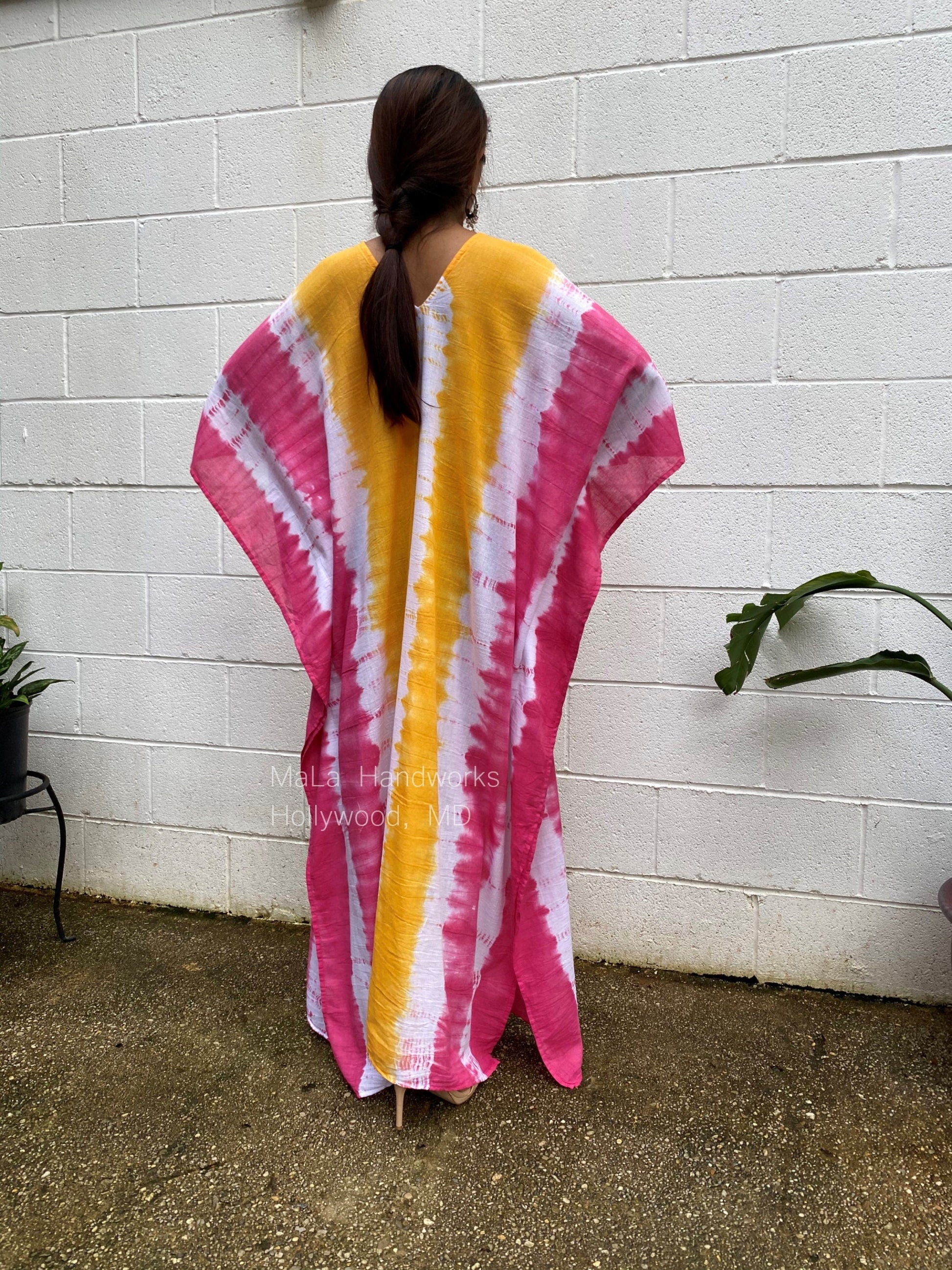 MALA handworks  Oba Kaftan in White and Orange Yellow Tie Dye