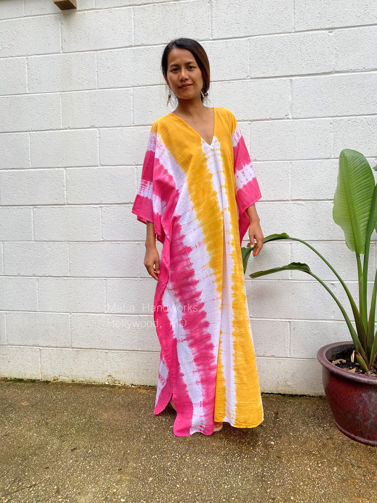 MALA handworks  Oba Kaftan in White and Orange Yellow Tie Dye