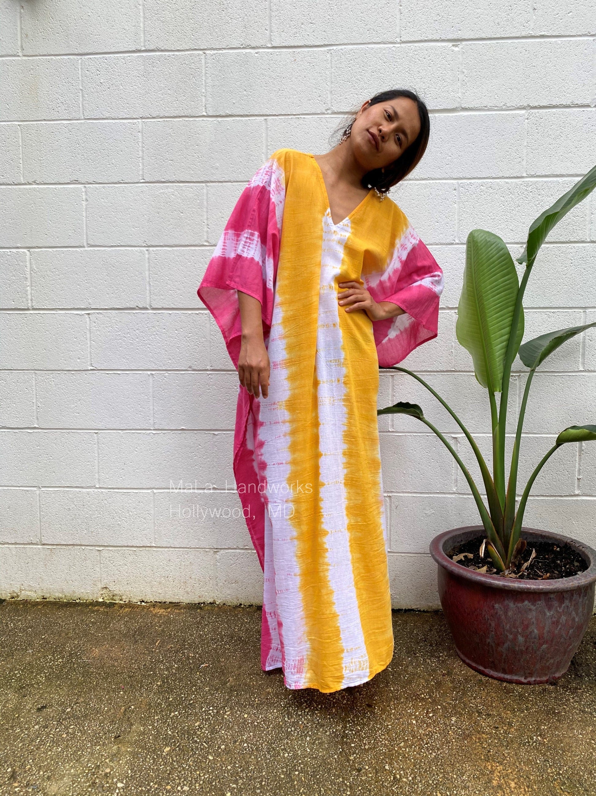 MALA handworks  Oba Kaftan in White and Orange Yellow Tie Dye