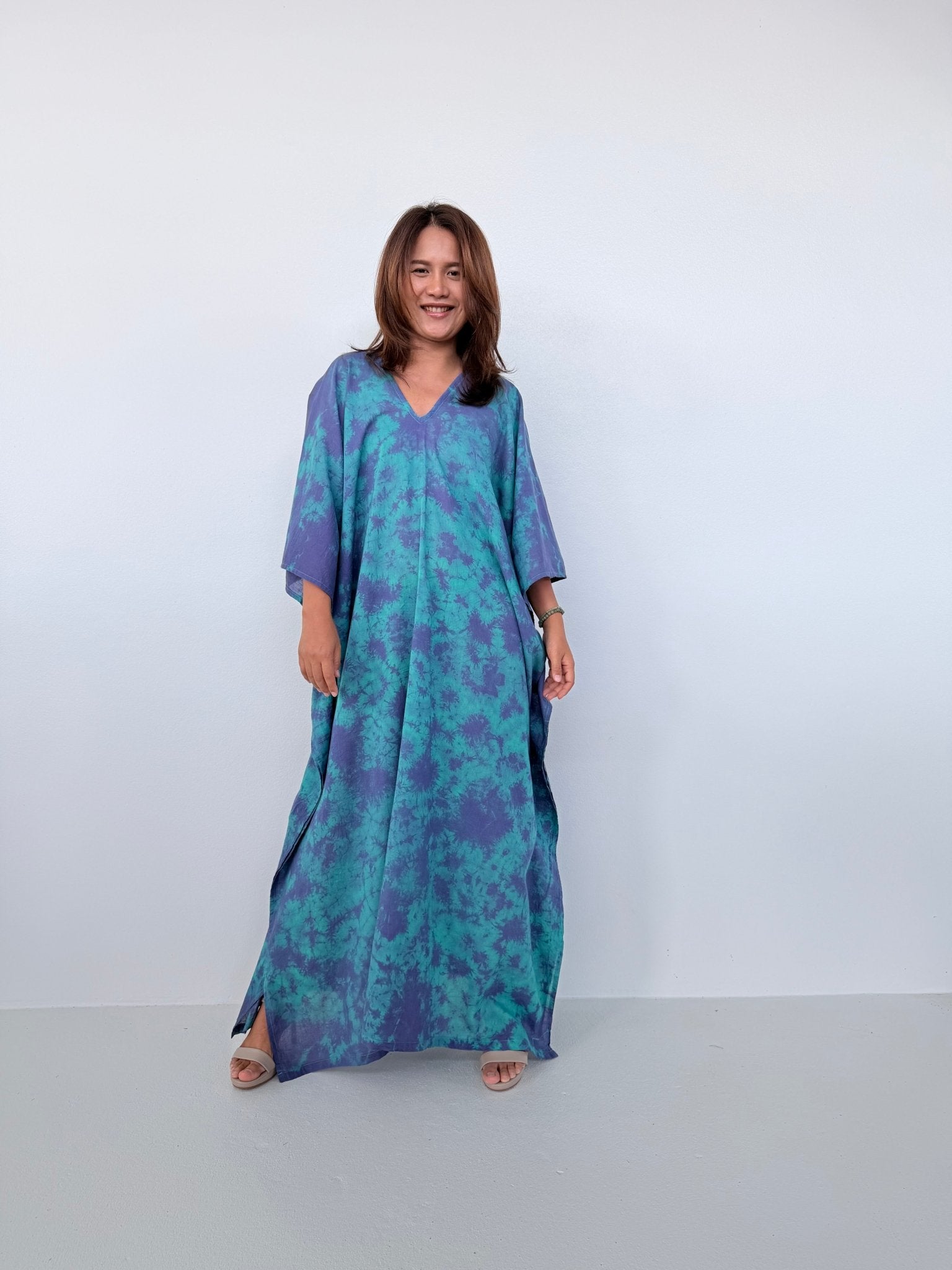 Mala Handworks Olena Cotton Kaftan in Aqua & Purple Tie Dye