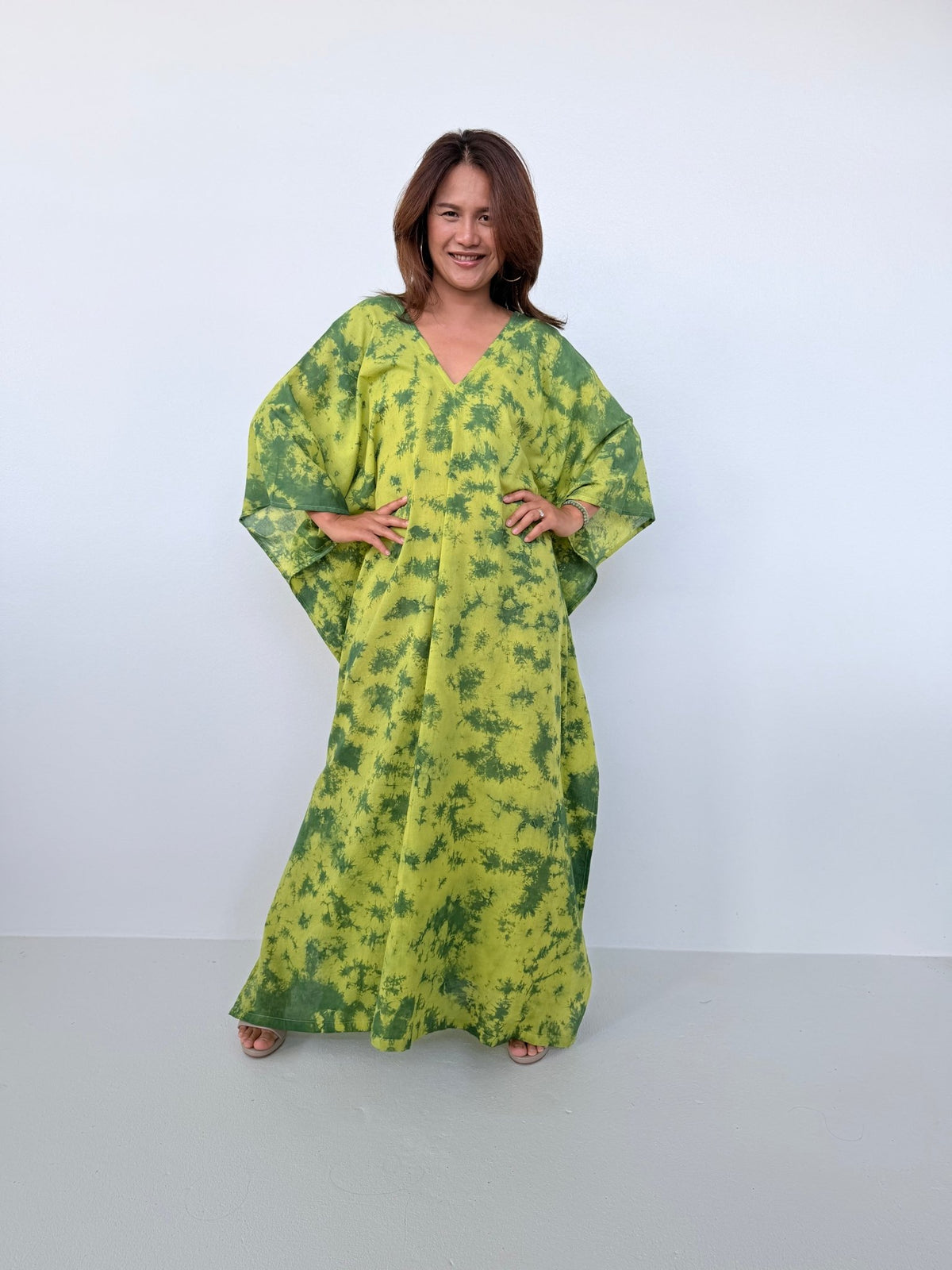 Mala Handworks Olena Cotton Kaftan in Lime Tie Dye