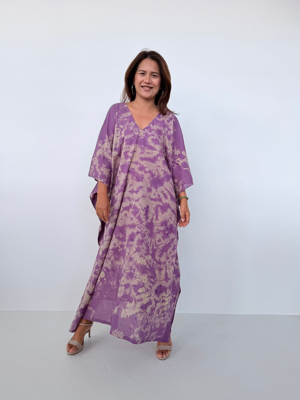 Mala Handworks Olena Cotton Kaftan in Purple & Tan Tie Dye