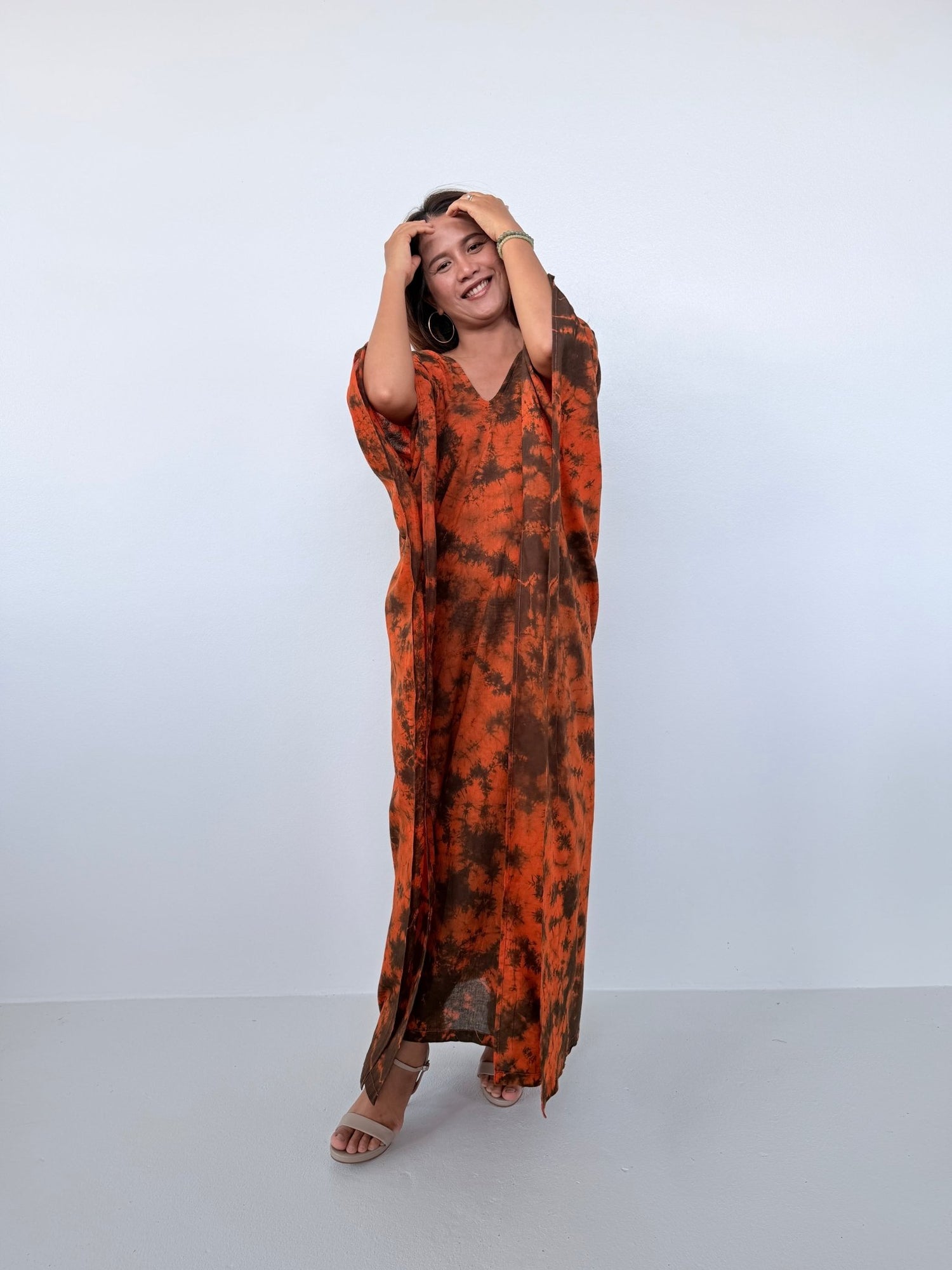 Mala Handworks Olena Cotton Kaftan in Rust Tie Dye