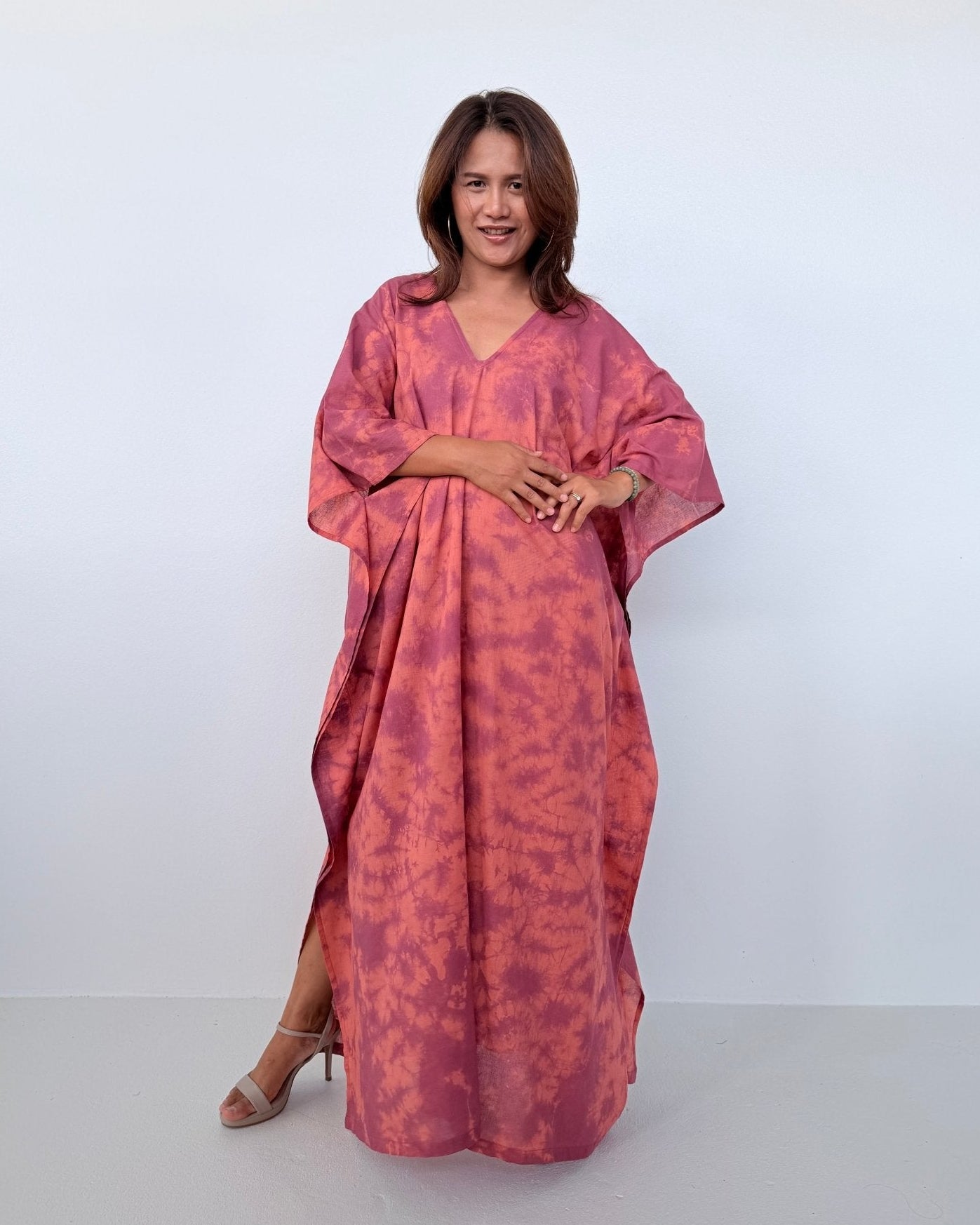 Mala Handworks Olena Cotton Kaftan in Salmon & Purple Tie Dye