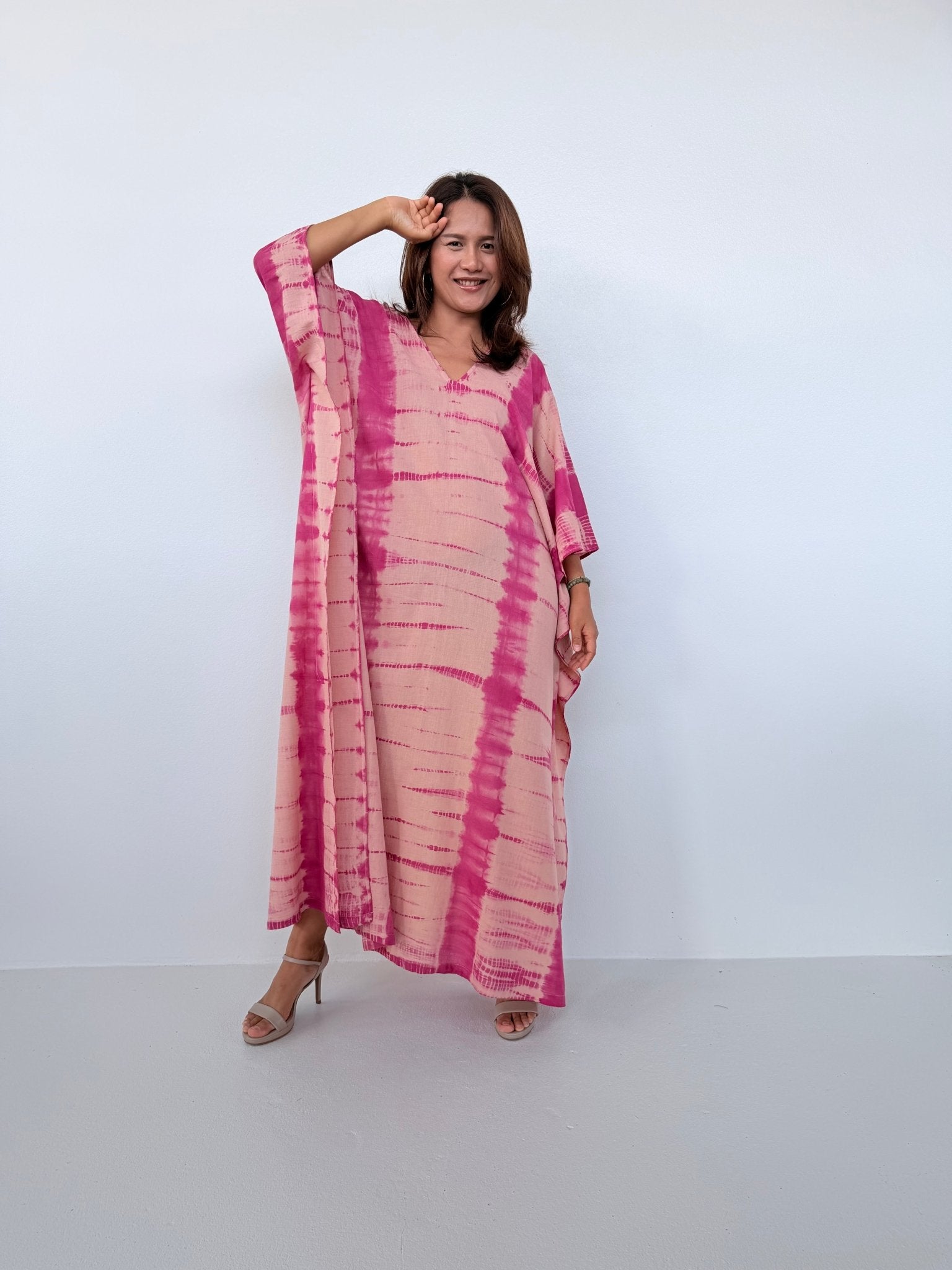 Mala Handworks Olena Cotton Kaftan in Watermelon & Peach Tie Dye