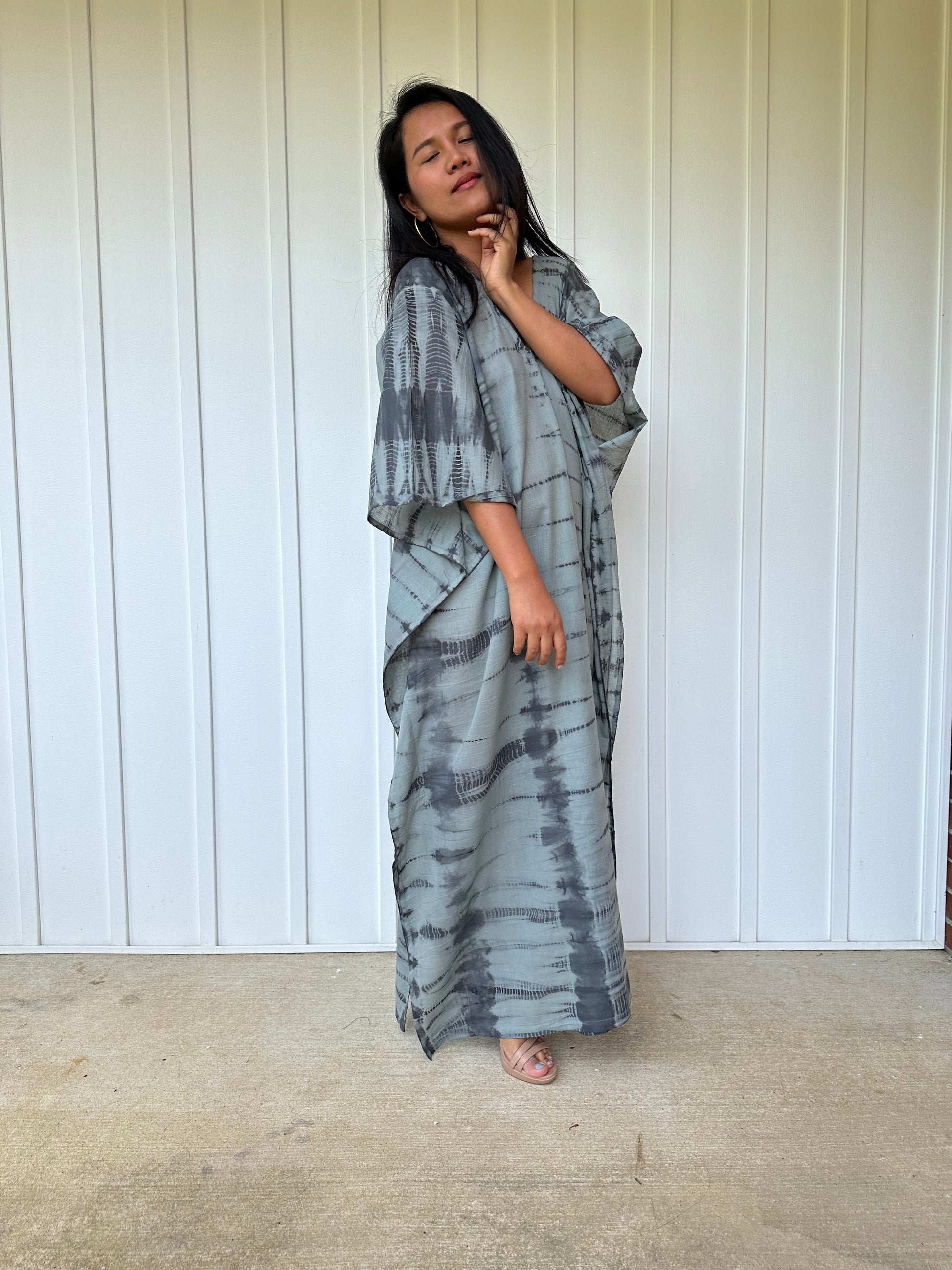 MALA handworks Olena semi sheer Kaftan in Gray and Black Tie Dye