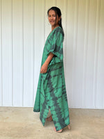 Olena semi sheer Kaftan in Green and Black Tie Dye - Mala Handworks