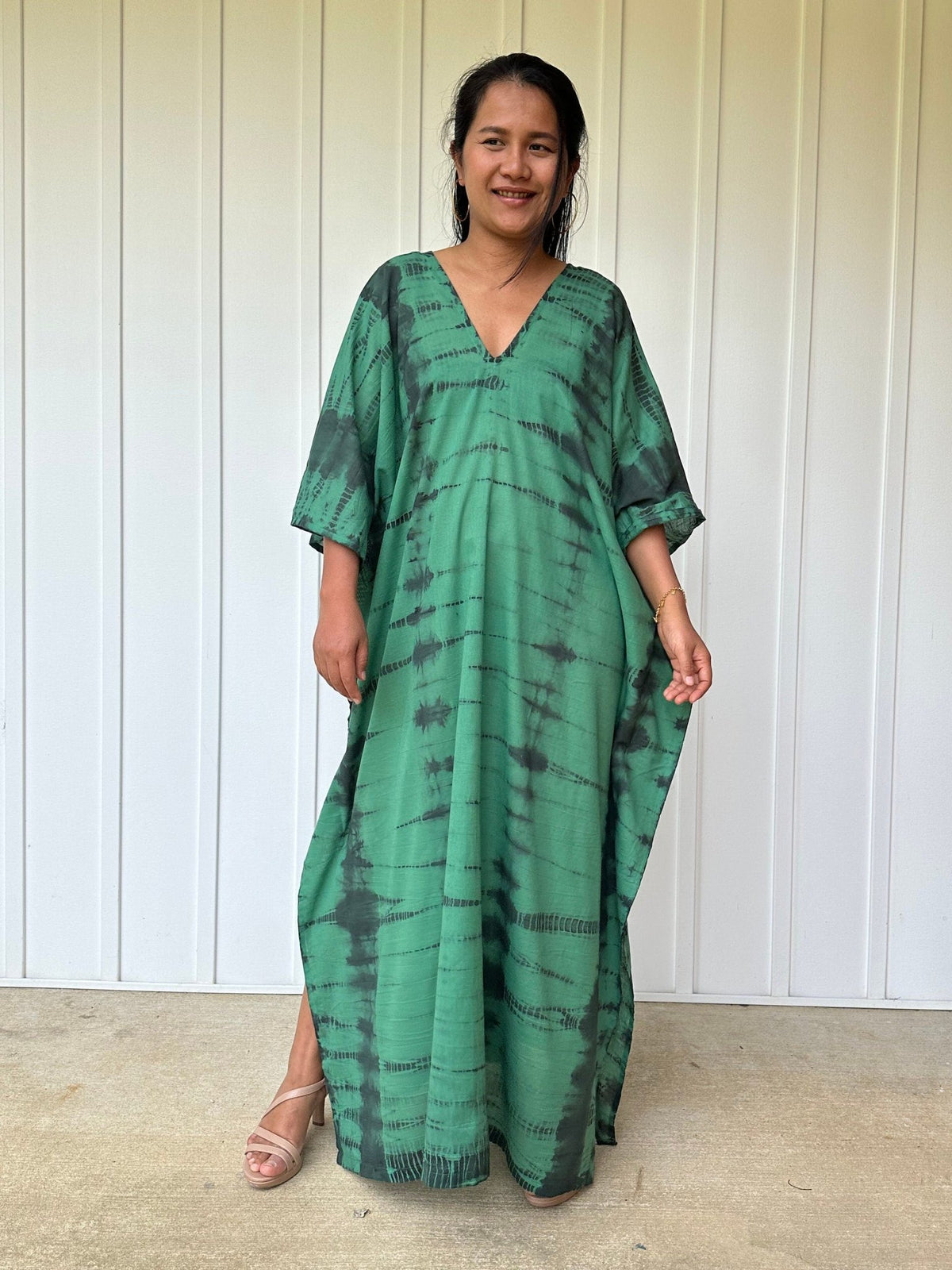 Olena semi sheer Kaftan in Green and Black Tie Dye - Mala Handworks