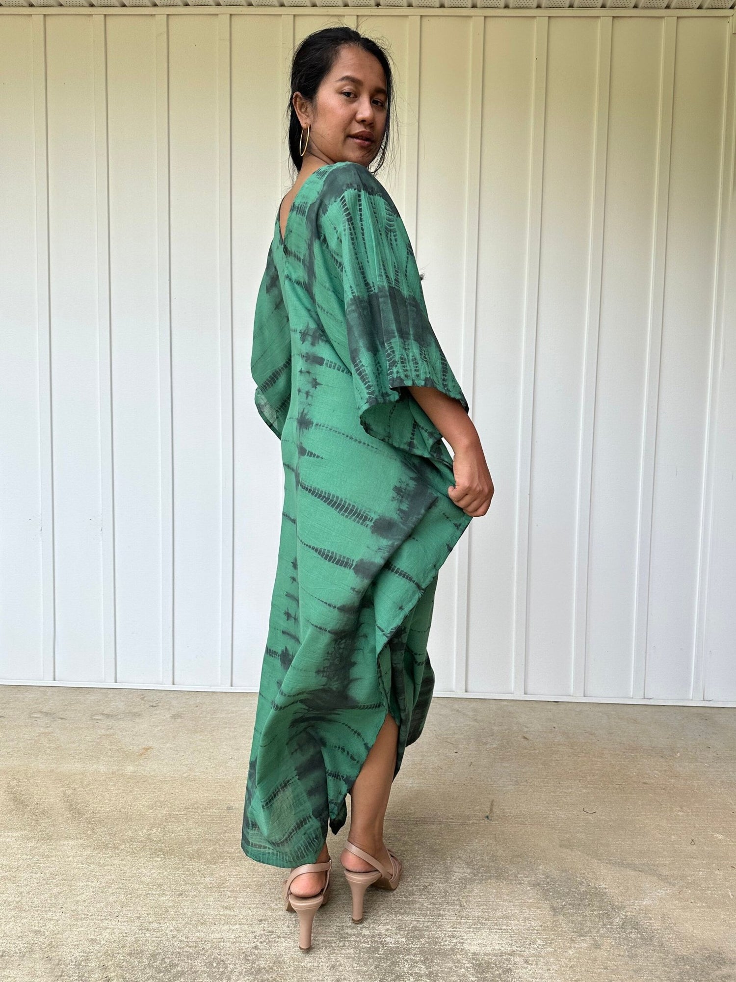 Olena semi sheer Kaftan in Green and Black Tie Dye - Mala Handworks