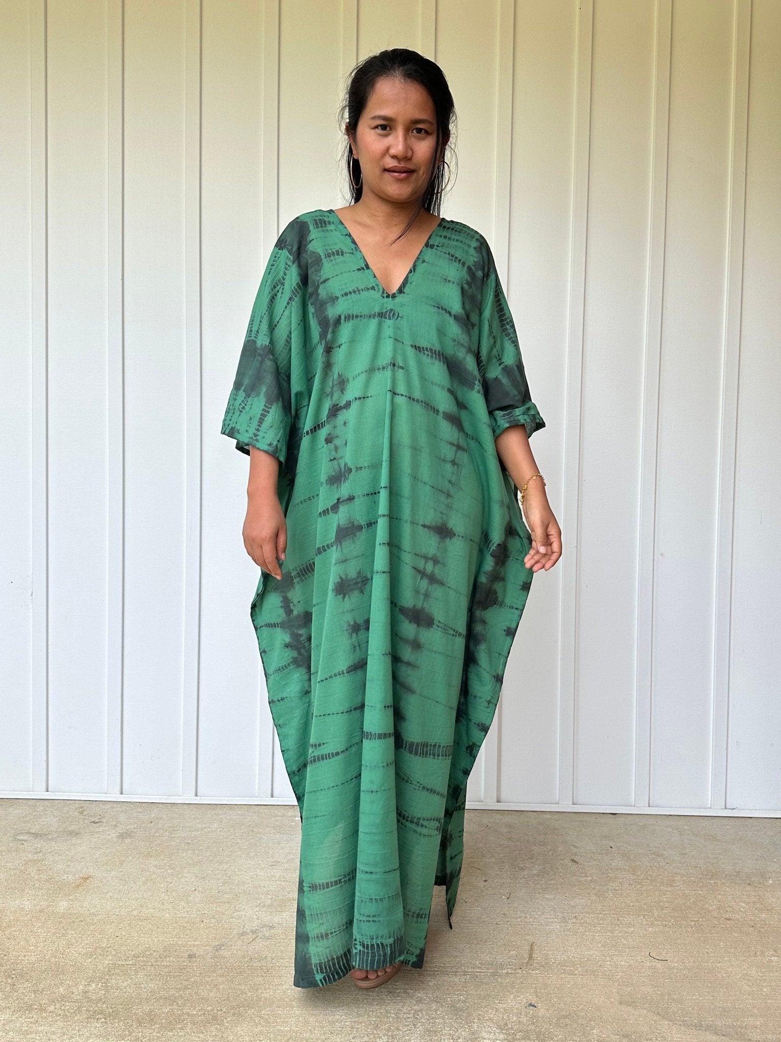 Olena semi sheer Kaftan in Green and Black Tie Dye - Mala Handworks