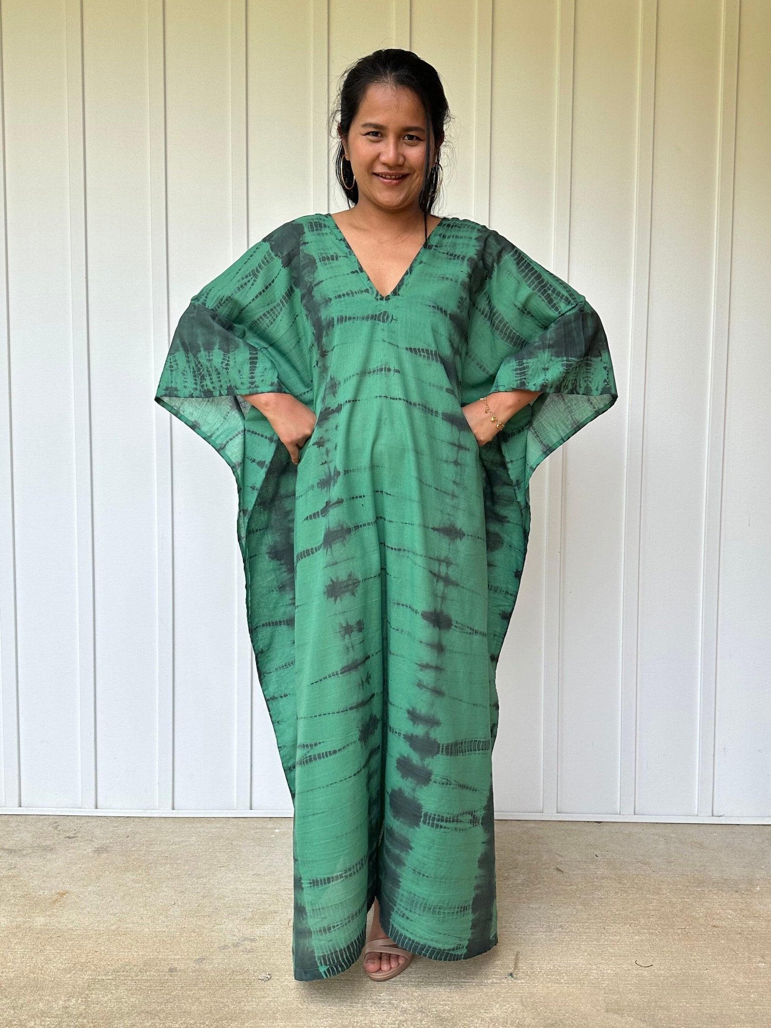 Olena semi sheer Kaftan in Green and Black Tie Dye - Mala Handworks