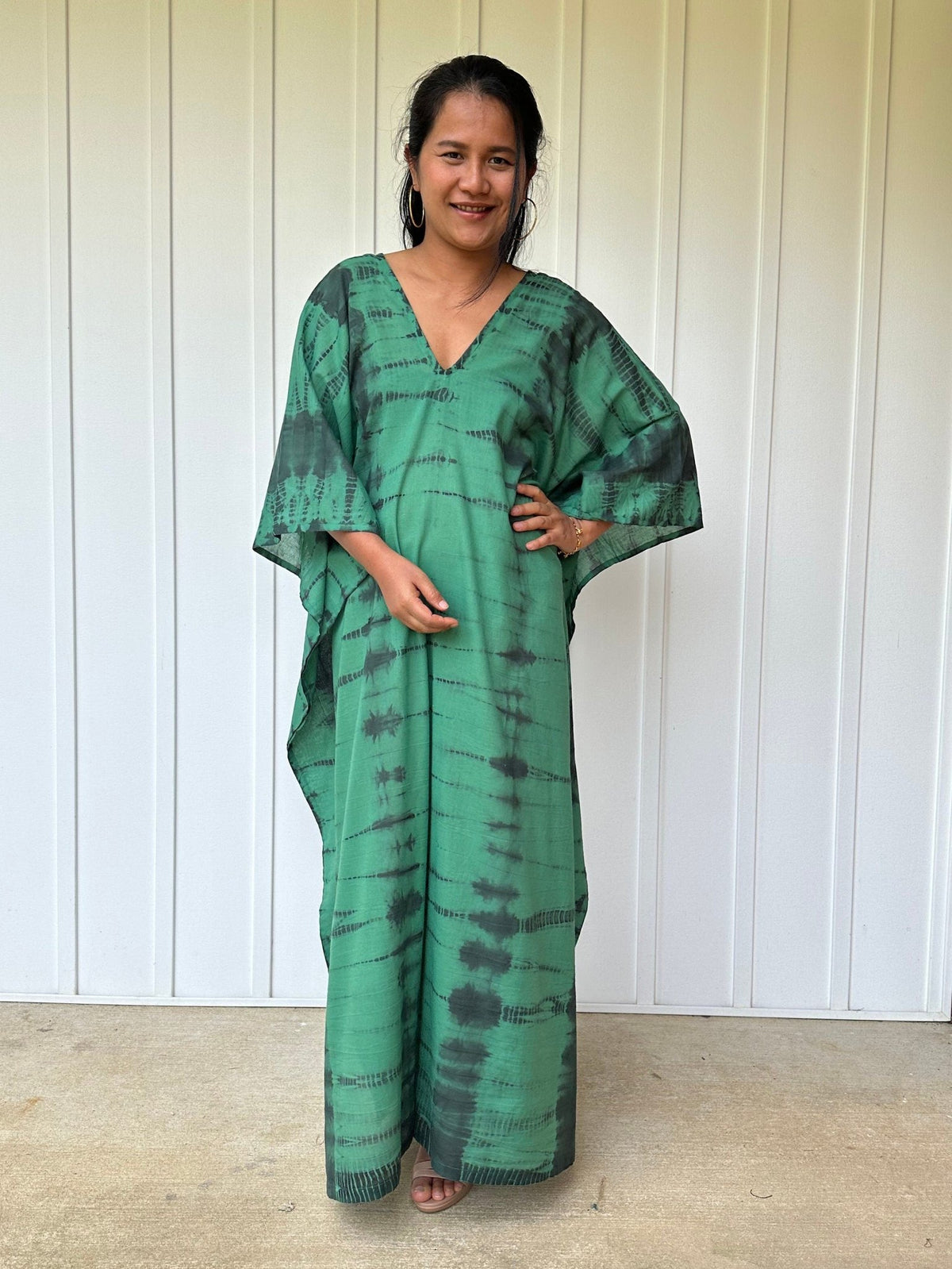 Olena semi sheer Kaftan in Green and Black Tie Dye - Mala Handworks
