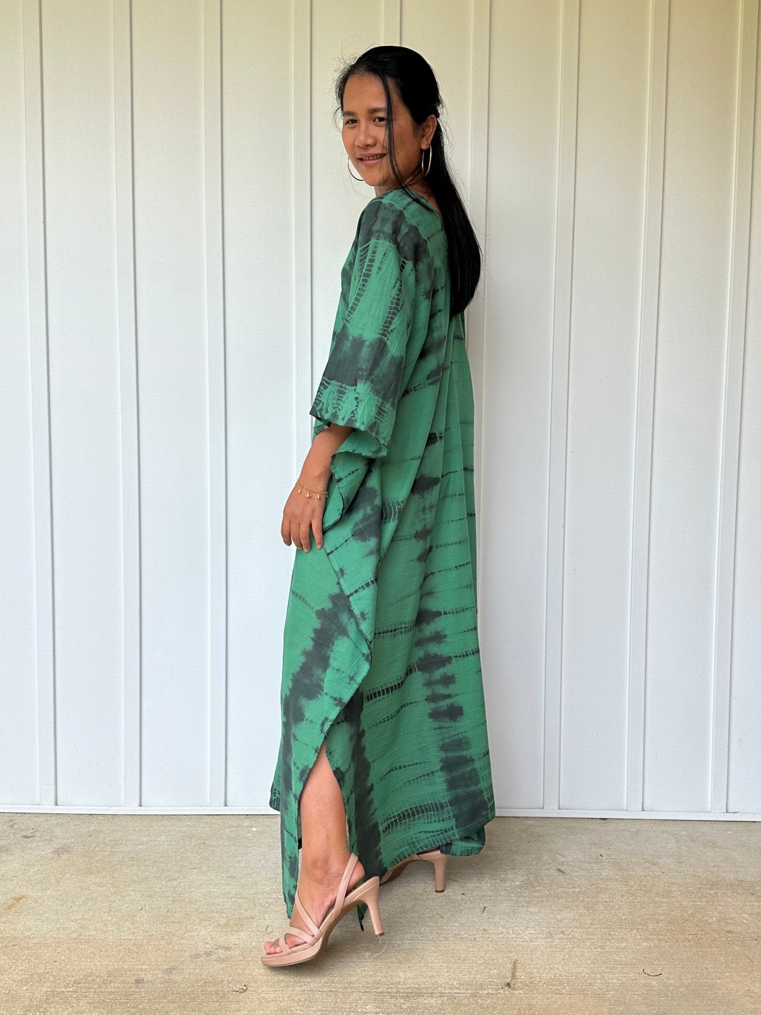 Olena semi sheer Kaftan in Green and Black Tie Dye - Mala Handworks