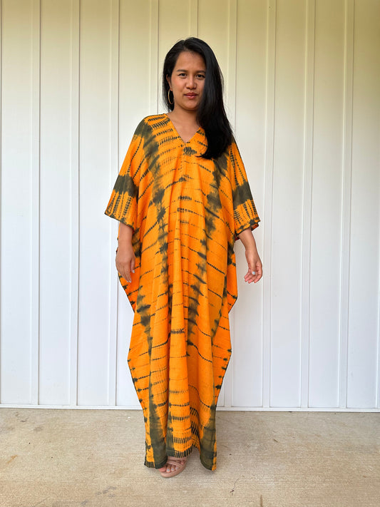 MALA handworks Olena semi sheer Kaftan in Light Orange and Black Tie Dye