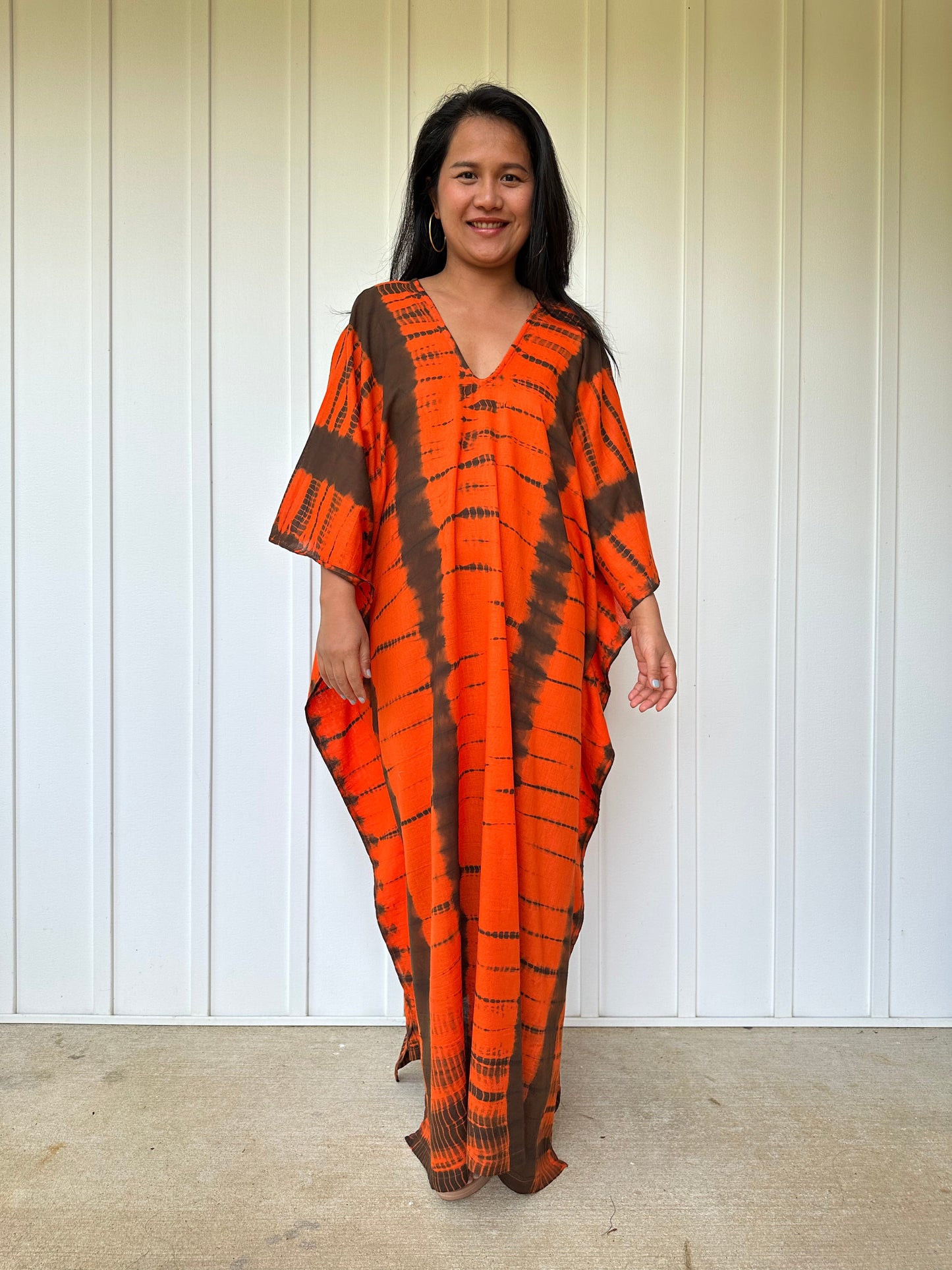 MALA handworks Olena semi sheer Kaftan in Orange and Black Tie Dye