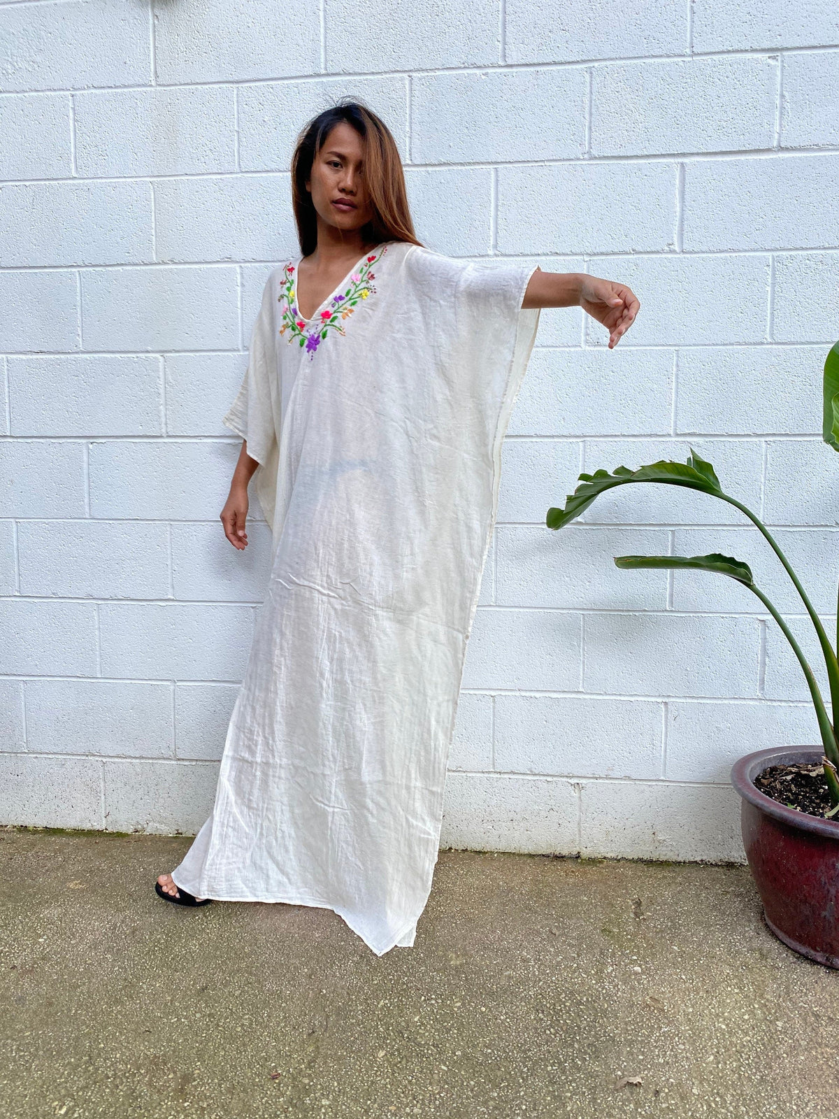 MALA handworks  Olena semi sheer Kaftan in White and Floral Hand Embroidery